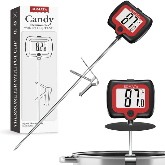 BOMATA Candy Thermometer with Pot Clip, Instant Read Cooking Thermometer with 8" Long Probe, Rotating Display, for Candy Making, Food, Candle Making, Liquids, Water, Baking, Sugar, Grilling. Black