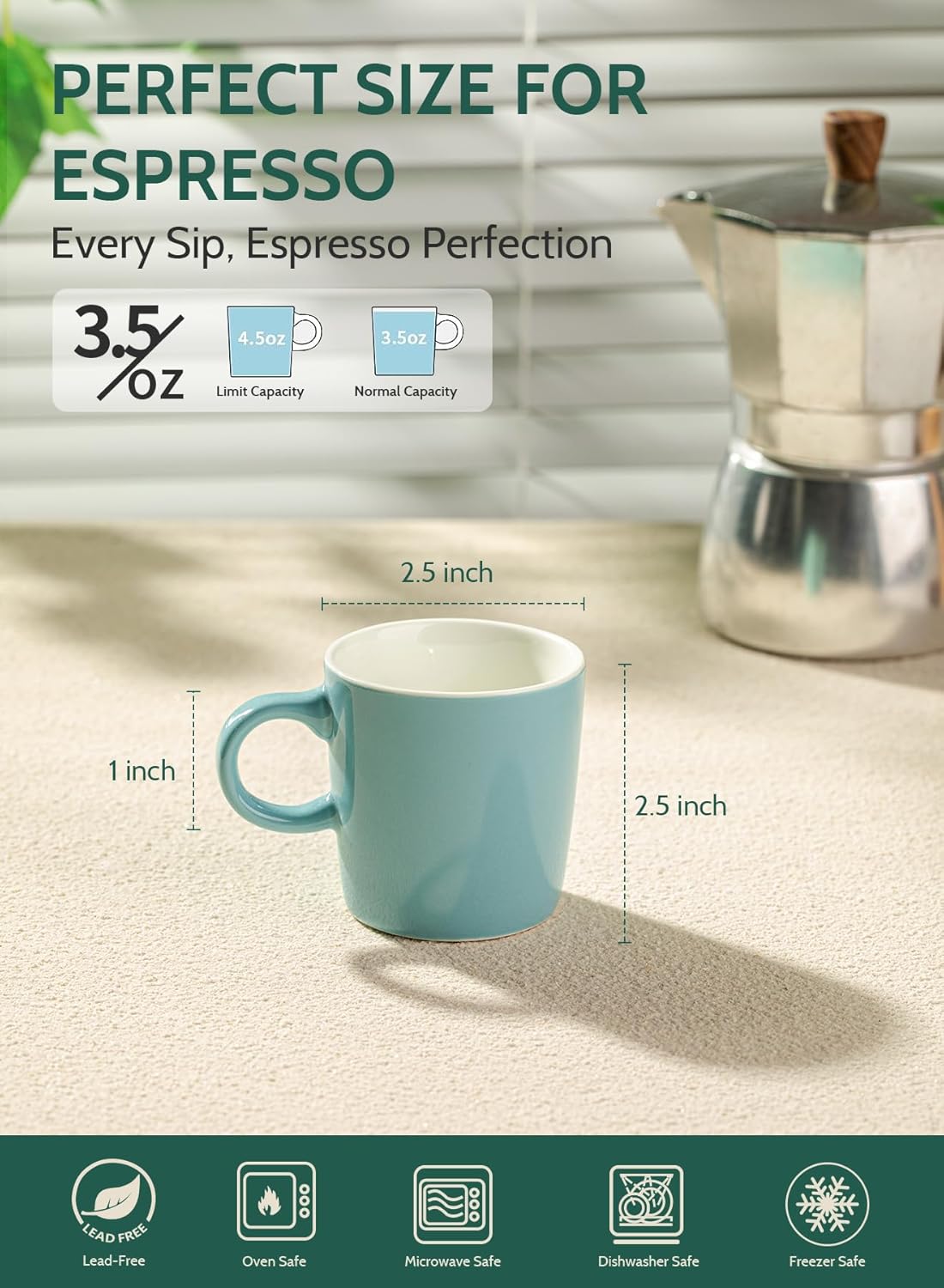 Sweese 3.5oz Porcelain Espresso Cups Set of 4, Mini Coffee Mugs Demitasse Cups - Turquoise