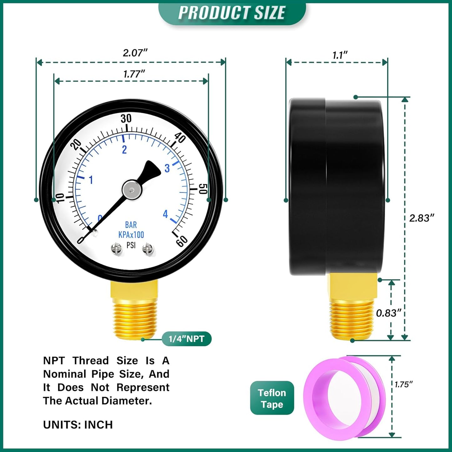 0-60psi Well Pump Pressure Gauge 1/4" NPT 2" Face Dial Size Lower Mount, Multifunctional Practical Dry Pressure Gauge, for Water, Oil and Air Compressor