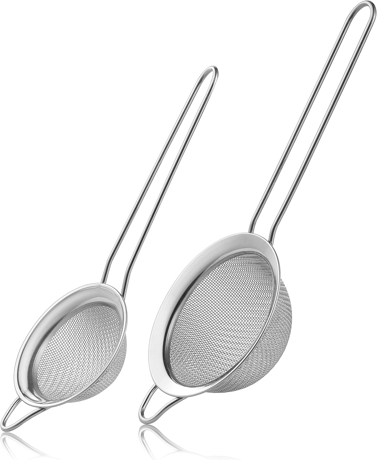 2 Pack Fine Mesh Strainers, Mini Stainless Steel Strainer with Handle for Kitchen, Metal Sieve Sifters for Straining Tea, Matcha, Cocktail, Juice and Coffee (8.6in 7.5in)