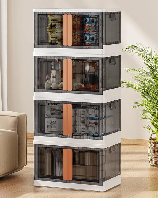 19Gal Collapsible Storage Bins with Lids & Wheels - 4 Pack Stackable with Doors, Heavy-Duty Plastic Containers for Home/Office, White