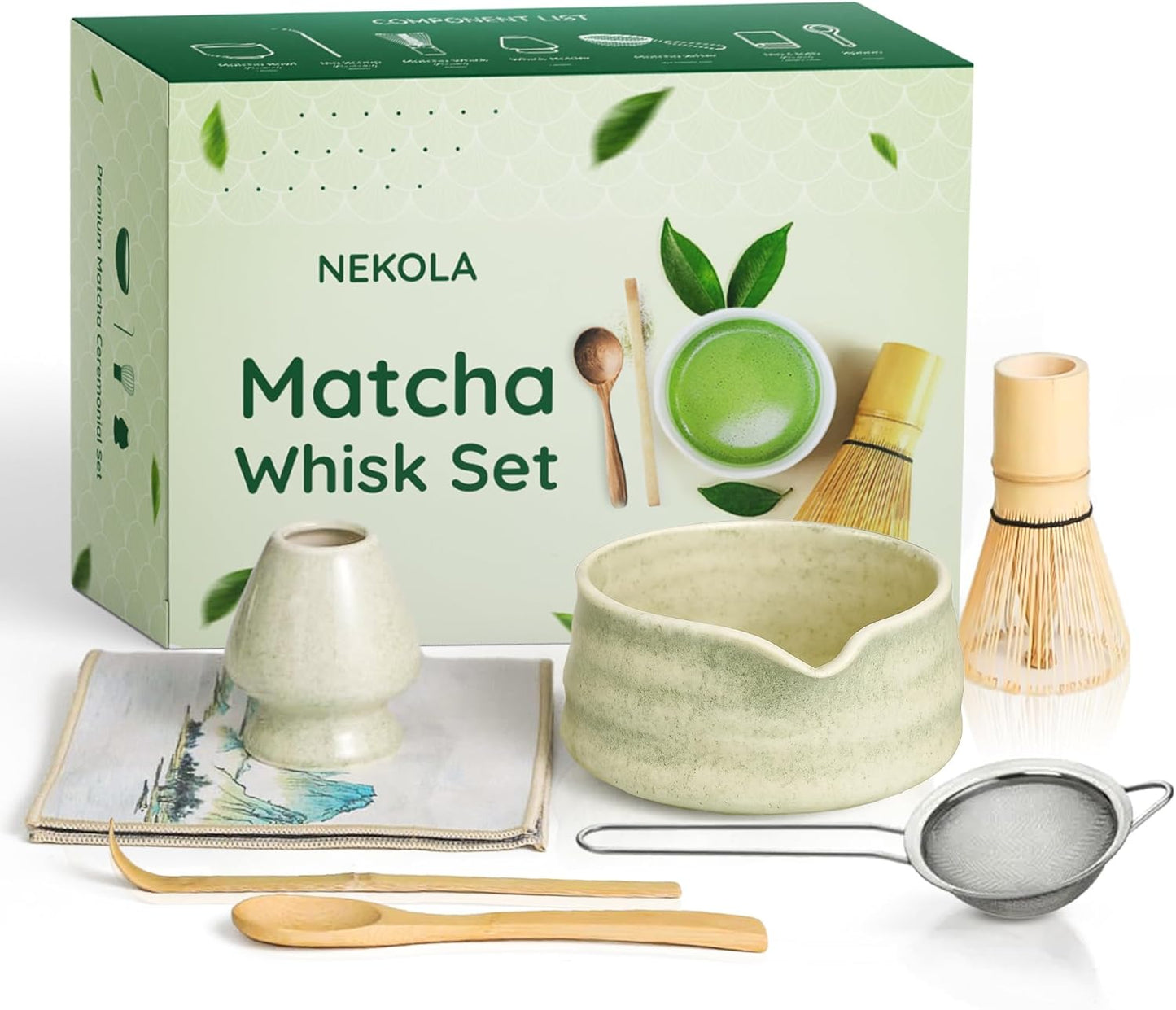 NEKOLA Matcha Whisk Set (7Pcs) Matcha Bowl, Bamboo Whisk, Whisk Holder, Spoon & Scoop, Sifter & Tea Towel Tea Making Ceremony Kit for Matcha Lovers Unique Gifts for Women,Men & Girlfriend