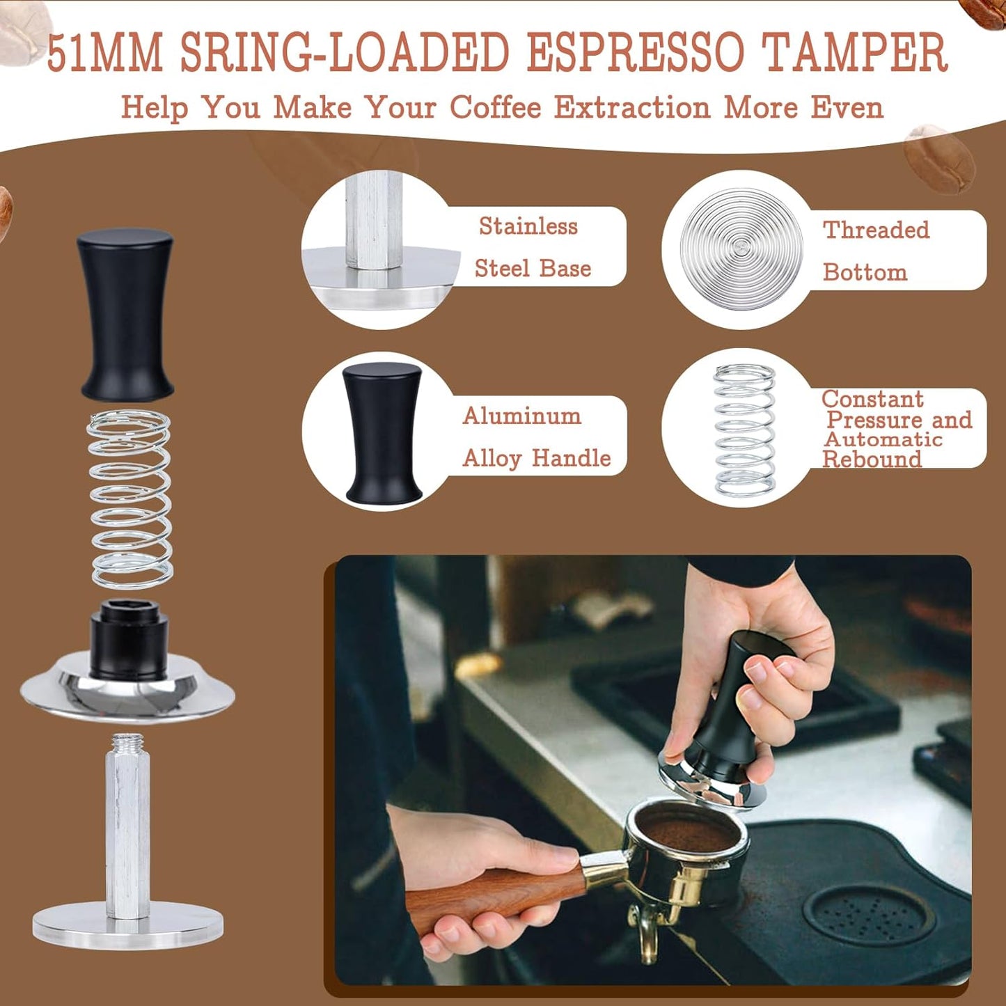 51mm Espresso Tamper Set - Spring-loaded Coffee Tamper, Adjustable Depth Espresso Distributor Leveler, Magnetic Dosing Funnel Aluminum Metal, Reusable Puck Screen, Fit for 51mm Portafilters