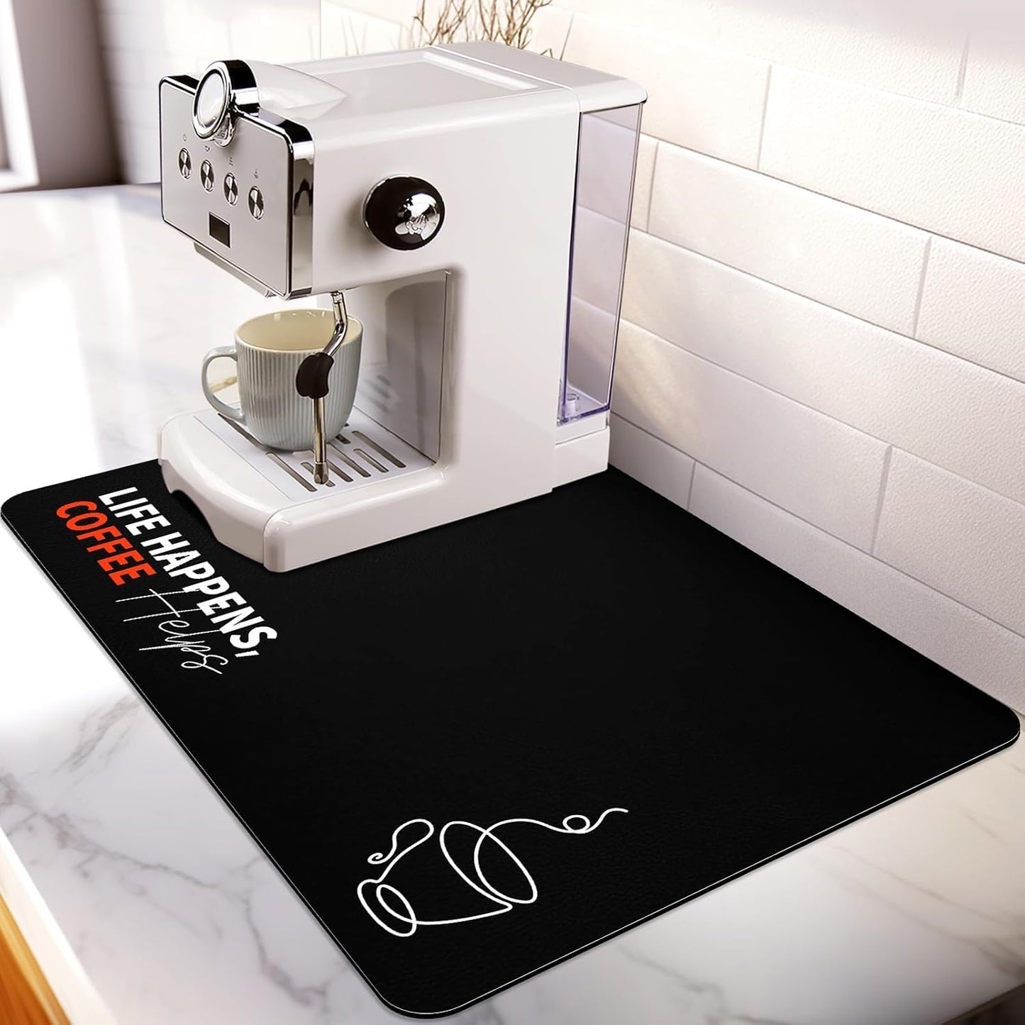 Matace Designer Coffee Bar Mat, Large 16 x 24 Inches, Rubber Backing, Absorbent Coffee Maker Mats for Dish Drying, Kitchen Countertop, Life Happens Coffee Helps, Black