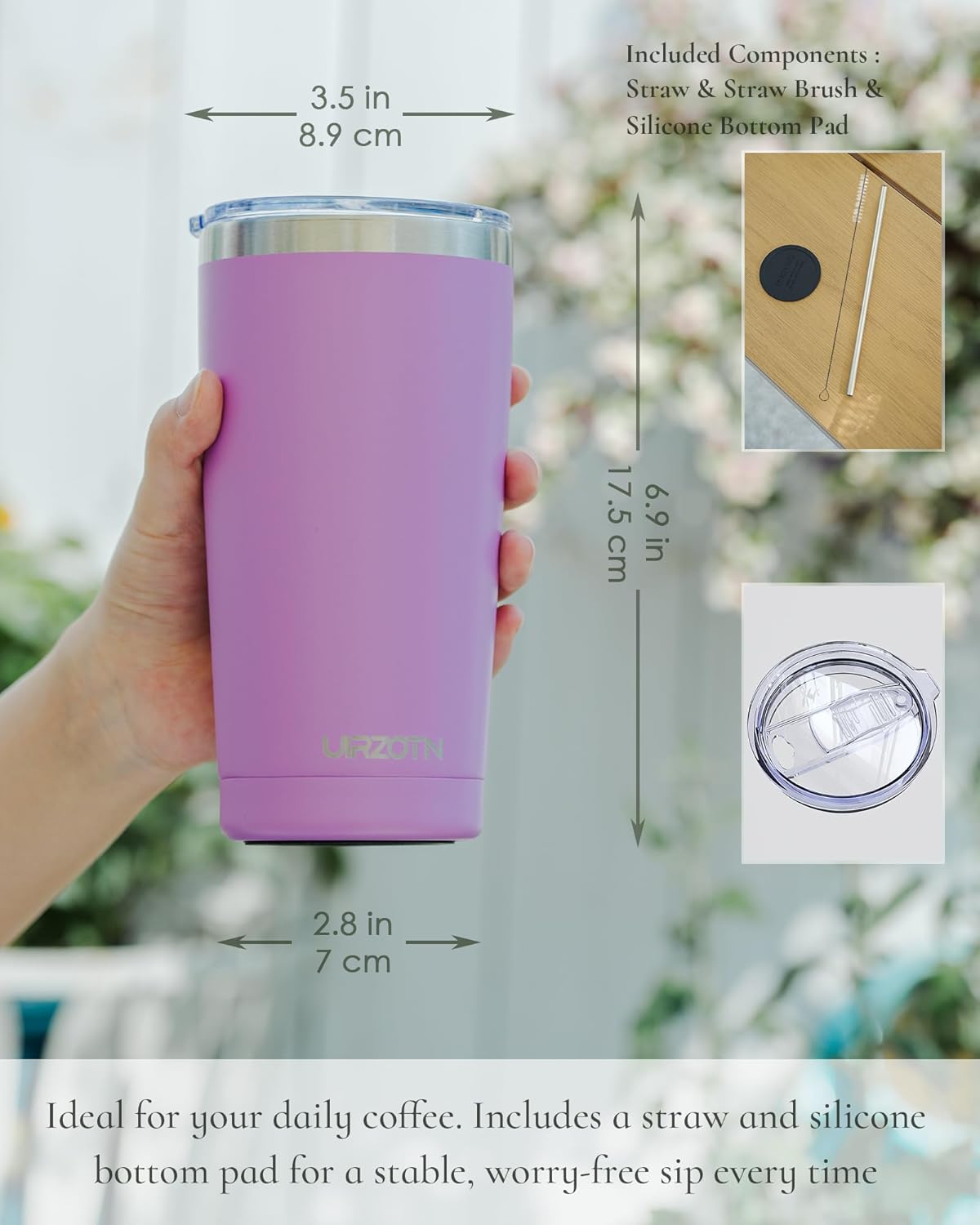 Travel Coffee Tumbler 20oz, Leakproof Travel Coffee Mug with Lid and Straw, Stainless Steel Double Wall Vacuum Insulated Tumbler for Hot/Iced Drinks (Textured Matte, Lilac Pink)