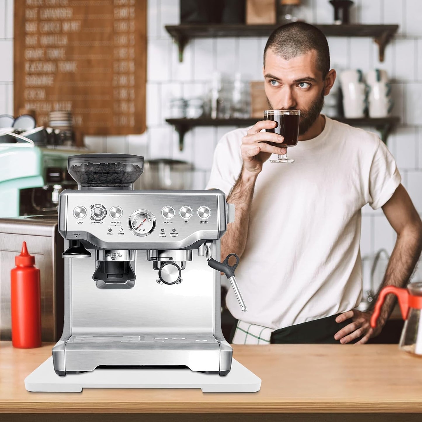 Appliance Slider 360° Rolling Tray for Coffee Maker- Bamboo Coffee Pot Slider Tray for Countertop Rotation Sliding Tray with Wheels, Appliances Mat Easily from Under The Cabinet White (15.7"×13")