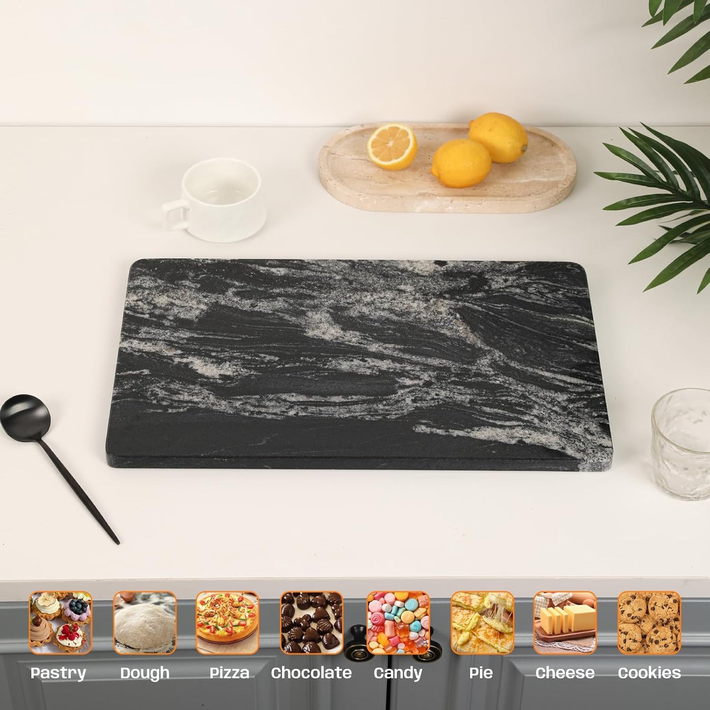 Natural Black Marble Pastry and Cutting Board, 12x20x0.7 Inch, Heavy for Dough Chocolate, Pack of 1