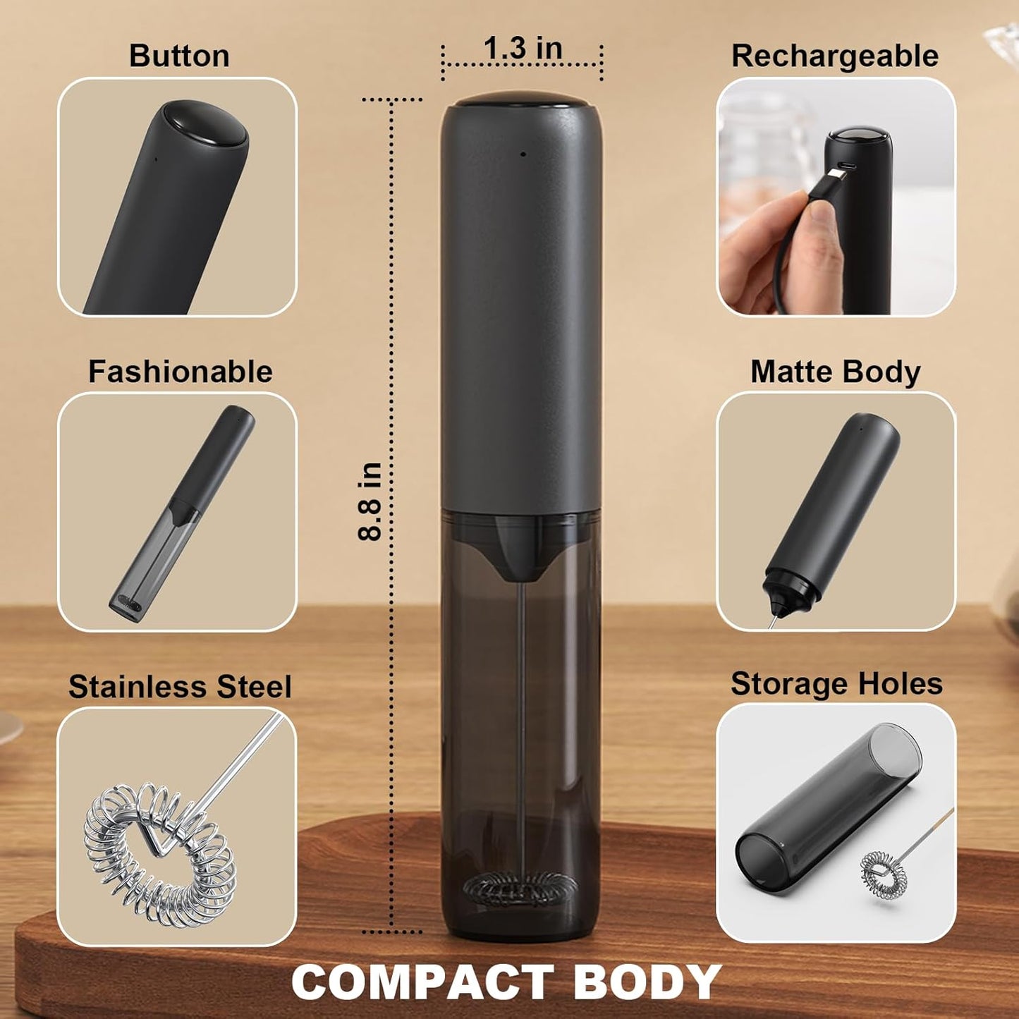 Rechargeable Milk Frother with Cover, Easy to Carry Drink Mixer Handheld, Electric Frother Wand for Coffee, Latte, Cappuccino, Frappe Drink, Hot Chocolate, Black