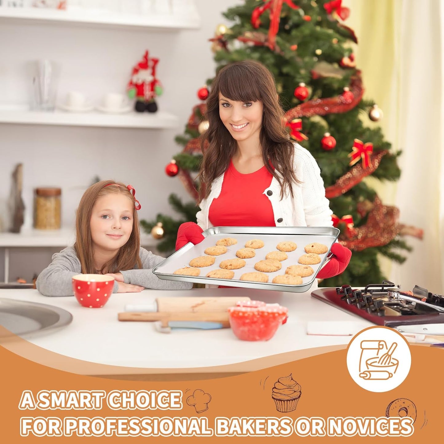 Stainless Steel Baking Sheet Set of 2, Deedro Cookie Sheet Metal Baking Pan Oven Tray, Non Toxic & Heavy Duty, Rust Free & Mirror Finish, Easy Clean & Dishwasher Safe, 17.3 x 12.3 x 1 Inch