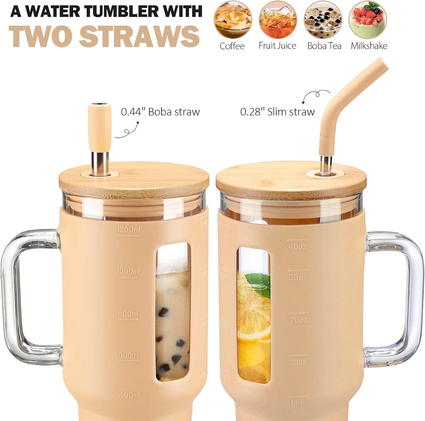 Kodrine 40 oz Glass Tumbler with Handle, Iced Coffee Tumbler with Straw and Bamboo Lid, Glass Drinking Cup with Silicone Sleeve Time Marker, Water Bottle Dishwasher Safe, Cup Holder Friendly, Amber