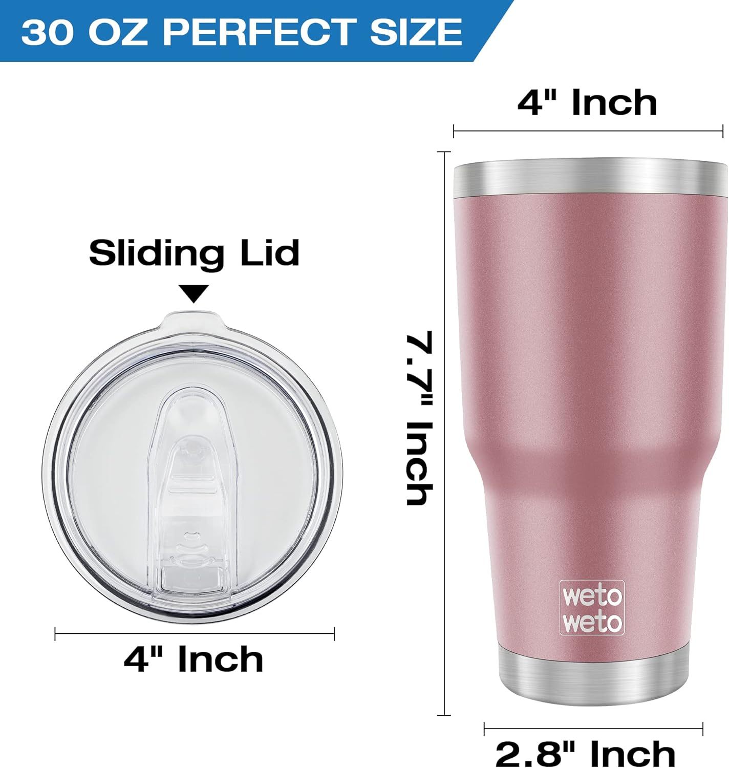 WETOWETO 30oz Tumbler, Stainless Steel Vacuum Insulated Water Coffee Tumbler Cup, Double Wall Powder Coated Spill-Proof Travel Mug Thermal Cup for Home Outdoor (Rose Gold, 1 Pack)