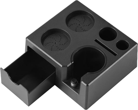 Espresso Tamping Station - 7 in 1 Espresso Coffee Organizer Box Fits for Storage 51/54/58MM Espresso Tamper, Distributor, Portafilter and Puck Screen Accessories, Plastic Tamp Station, Black