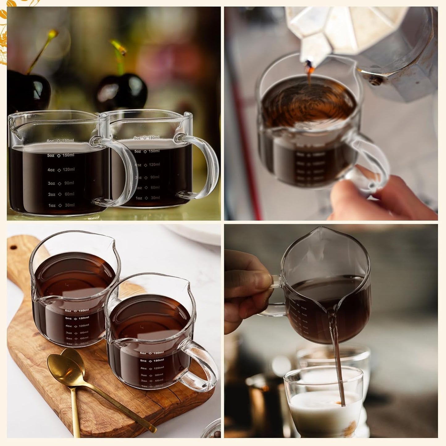 Patelai Espresso Cups Set of 2, 180ml/6oz Coffee Cups with Double Spouts & Handle, Scales Espresso Shot Glass for Espresso Machines, Milk Frothing, and Coffee Bars Accessories