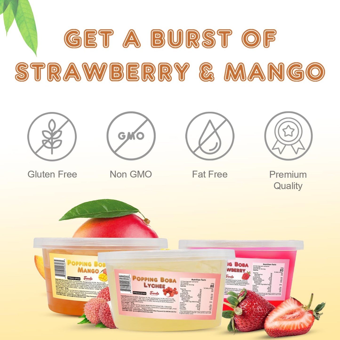 Fanale Strawberry Mango Lychee Popping Boba Pearls, Vegan, Non GMO, Gluten Free, Fat Free, Perfect for Bubble Tea, Smoothies, Ice Cream, Desserts, and Beverages 3 lb (1 lb X 3)