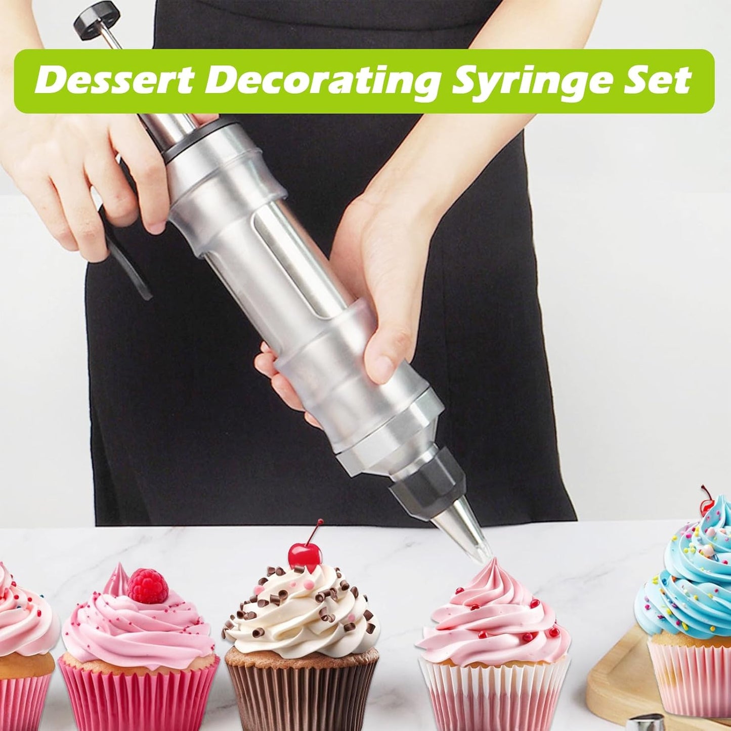 Suuker Dessert Decorating Syringe Set, Frosting Piping Kit Stainless Steels Cake Decorating Tools with 6 Icing Tips Cupcake Decorating Kit