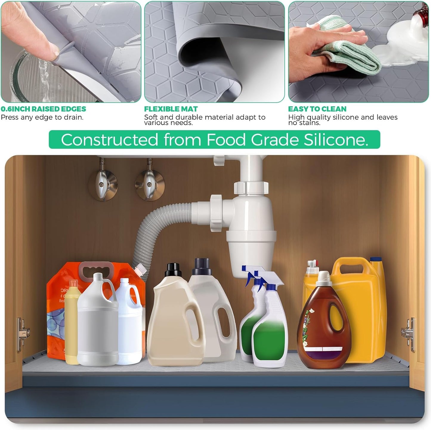 TRZZ Silicone Waterproof Under Sink Mat 22" x 19", Drip Tray and Cabinet Liner for Kitchen and Bathroom, Prevents Water Damage and Organizes Cabinets (Grey)