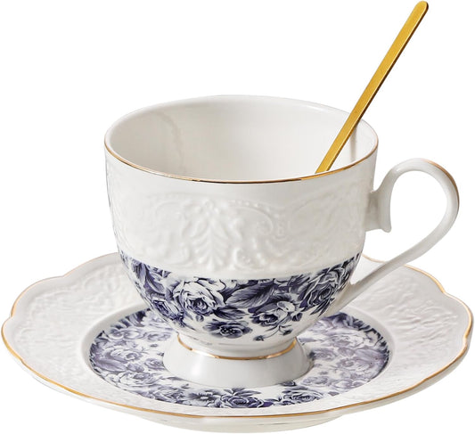 TATSUMI Interglio Embossed Bone China Tea Cup and Saucer Set, 3 Pieces Vintage Style Coffee Cup & Saucer Set For Women Wedding Gift (Starry Sky Rose, 1 set)