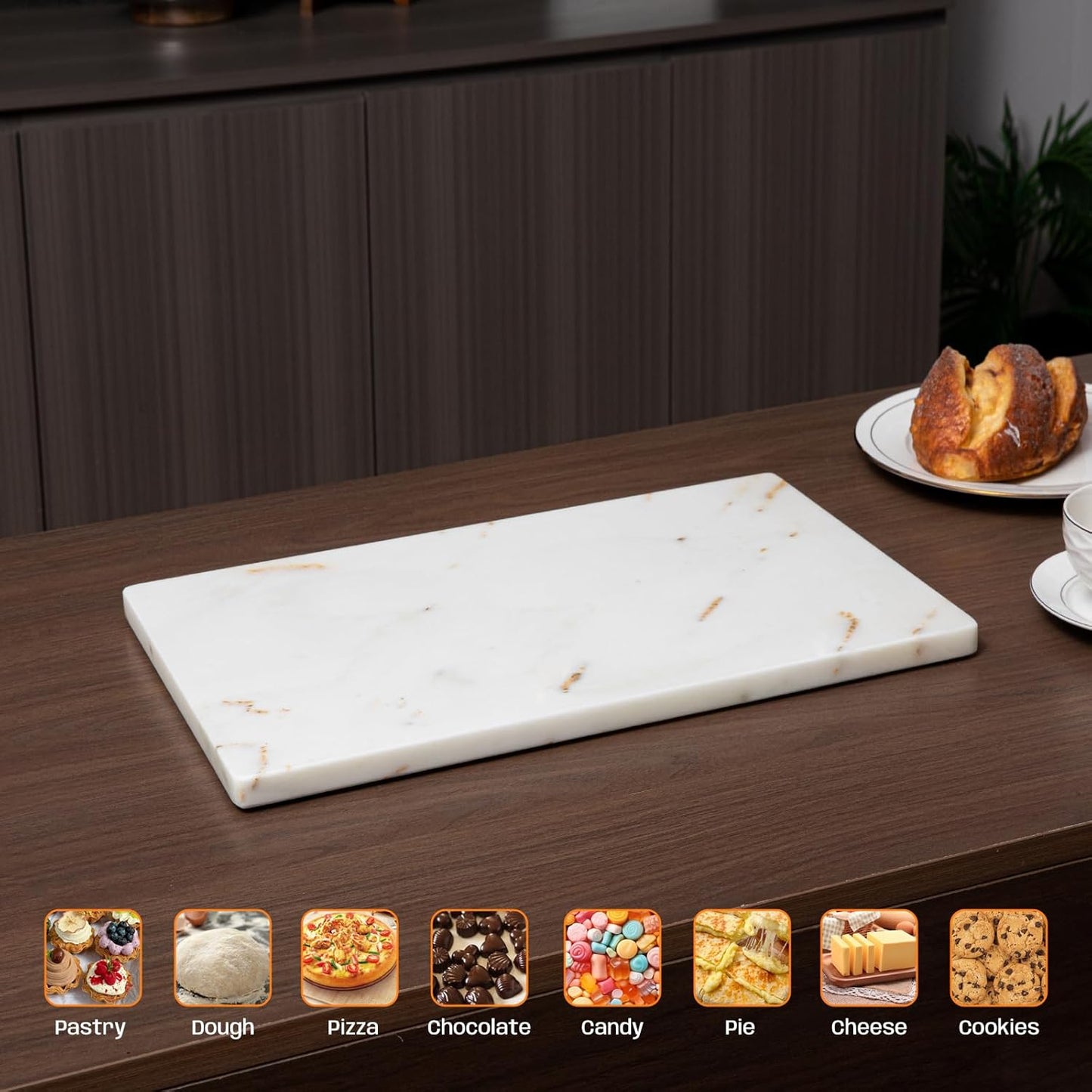 White Marble Cutting Board, Marble Slab Pastry Board With Non-Slip Feets For Baking, Cheese, Charcuterie, Chocolate, 12x20 Inch, Pack Of 1 Piece