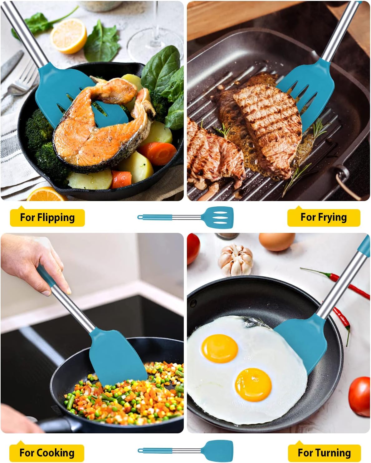 Pack of 2 Silicone Solid Turner, Non Stick Slotted Kitchen Spatulas, High Heat Resistant BPA Free Cooking Utensils, Ideal Cookware for Fish, Eggs, Pancakes(Blue)