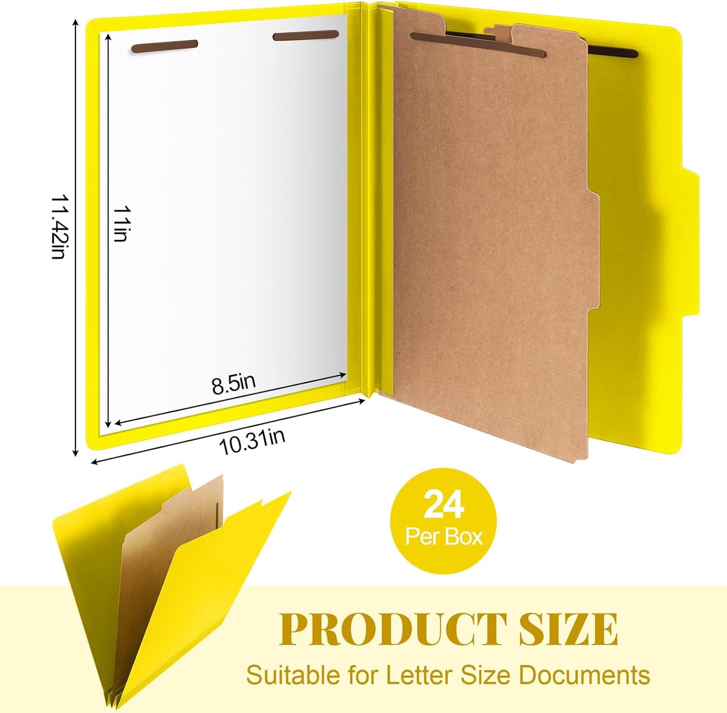 24 Pcs Classification Folders Letter Size, Back to School Supply for Teacher, Student, 1 Divider Pressboard File Folder Bulk with 2 Fasteners, 3.5 Inch Expanding File Organizer (Yellow)