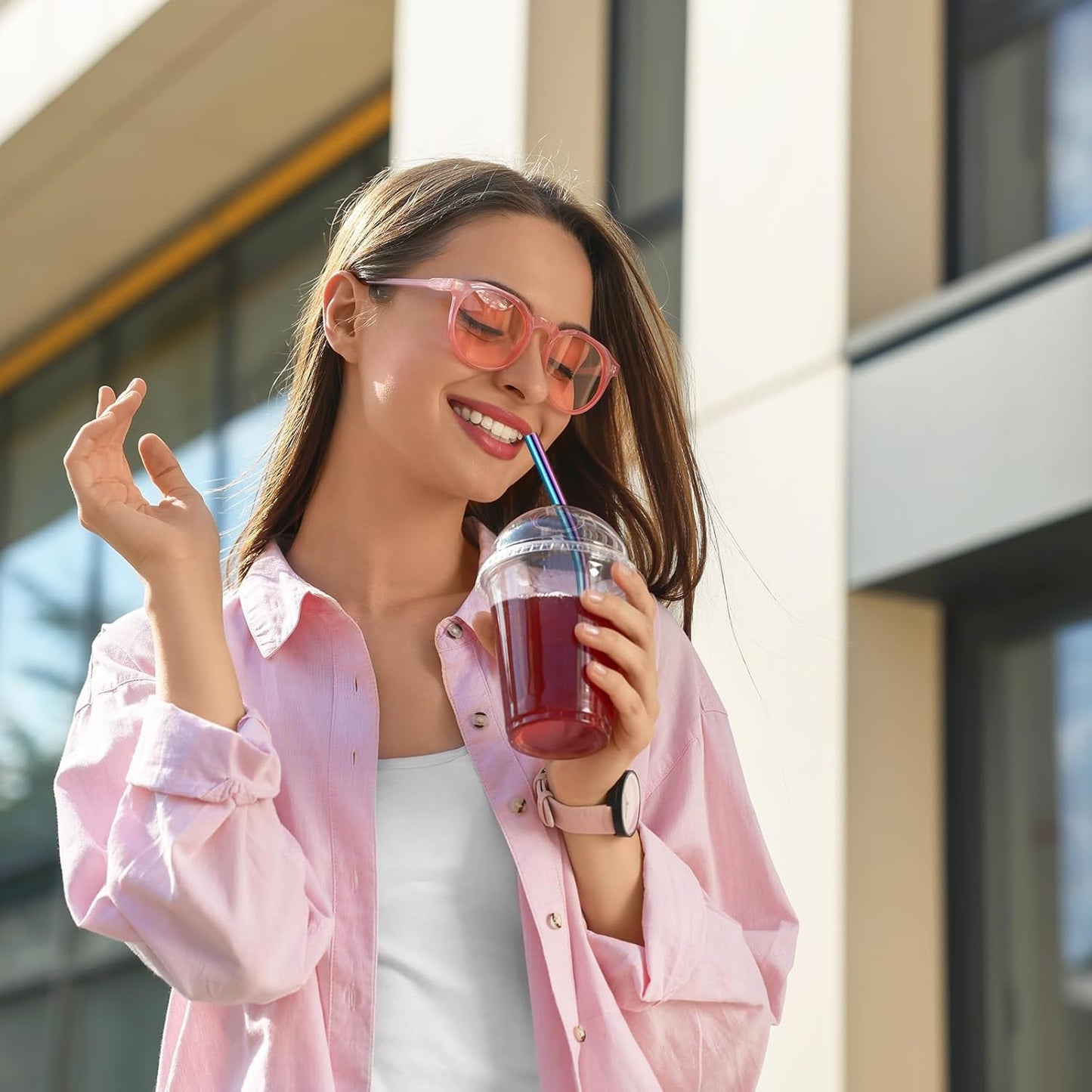 Geiserailie 8 Pieces 14 Inch Stainless Steel Straws Long Drinking Straws for 100 oz Tumblers, Extra with 4 Pieces Cleaning Brush(Rainbow)