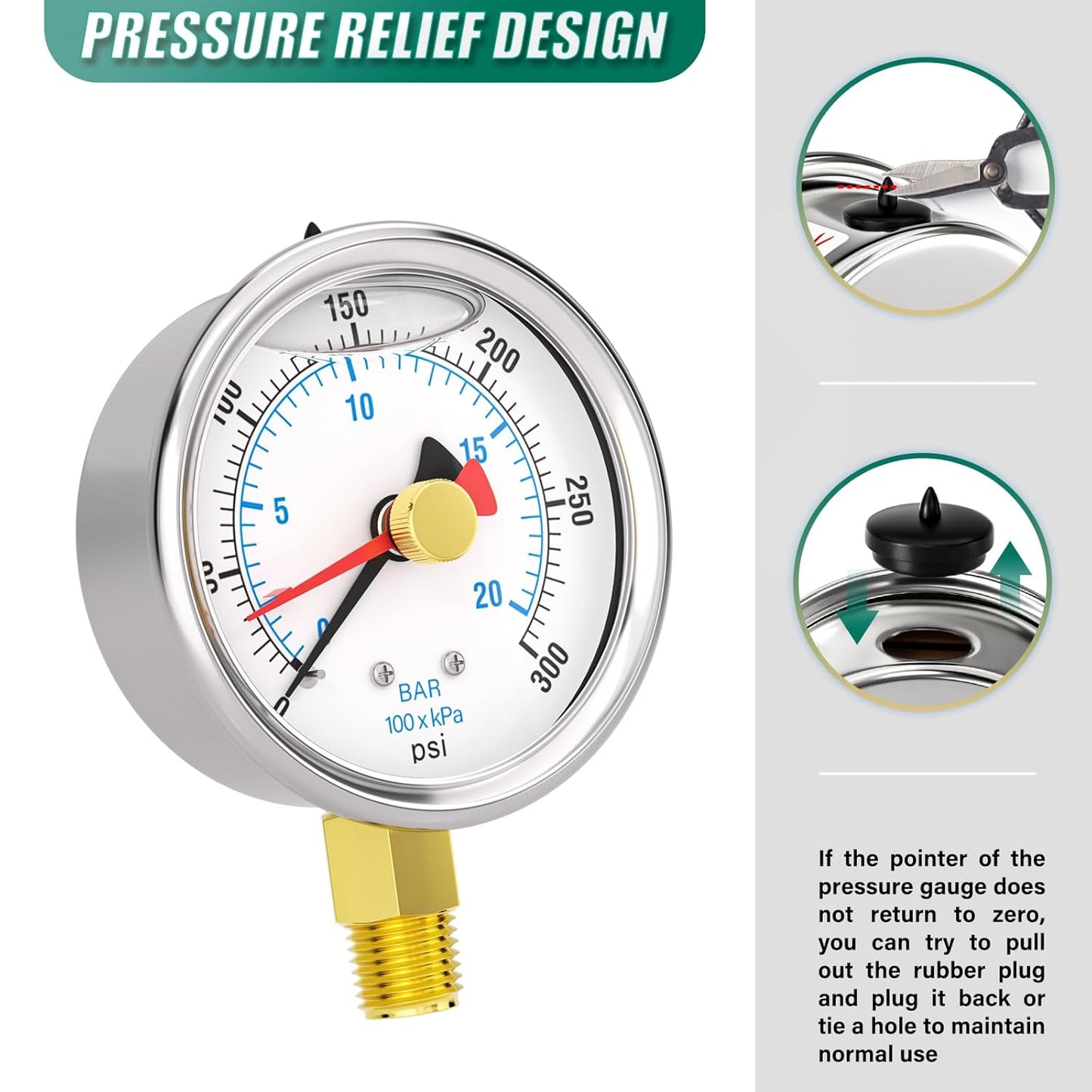 0-300PSI Stainless Steel with Reset Pointer Liquid Filled Pressure Gauge, 2.5" Dial Size, 1/4" NPT Lower Mount, for Tube, Water Pump, Gas, Liquid, Pressure Test