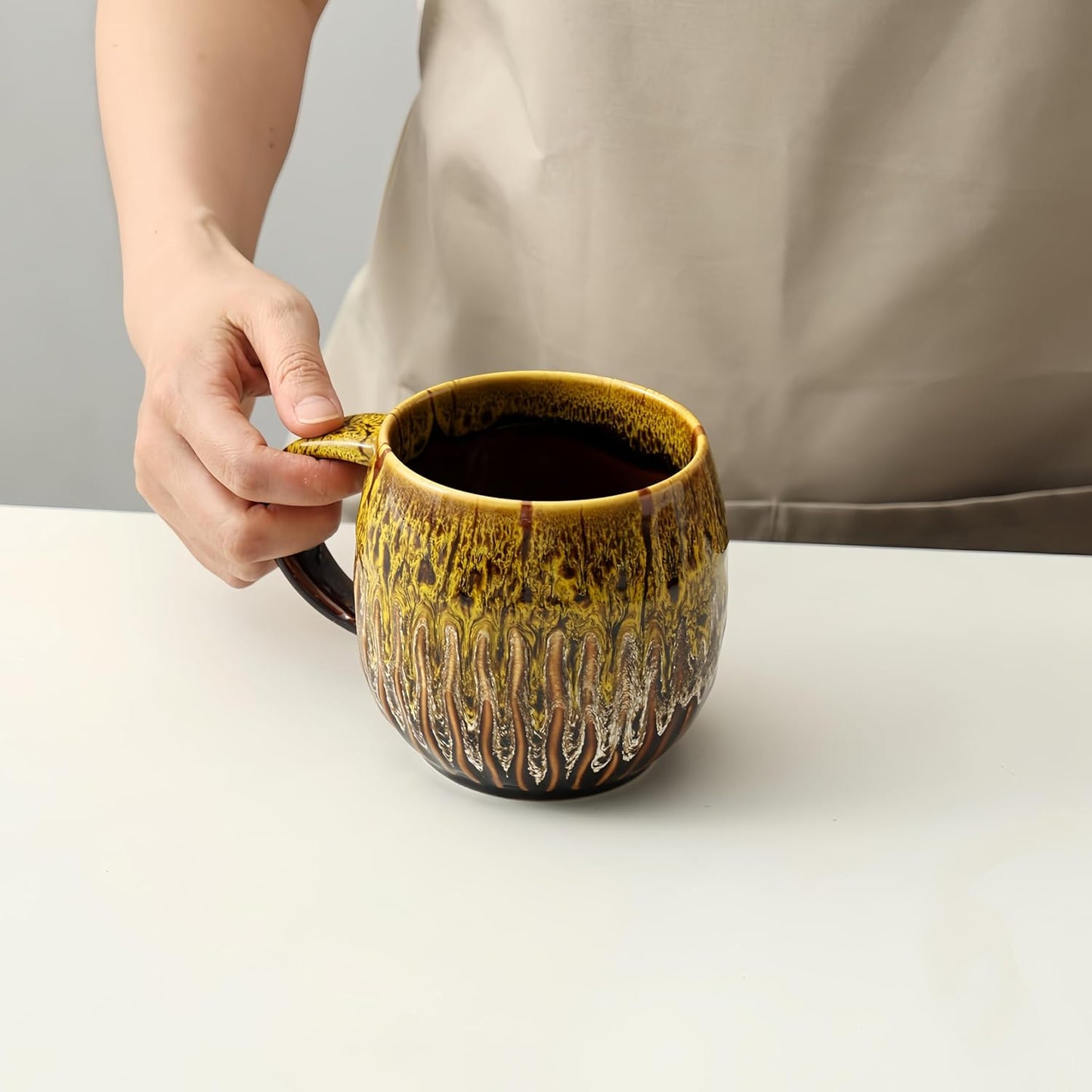 20oz Raku Glaze Coffee Mug - Unique Handcrafted Look Ceramic Cup, Large Tea Mug, Microwave & Dishwasher Safe (yellow)