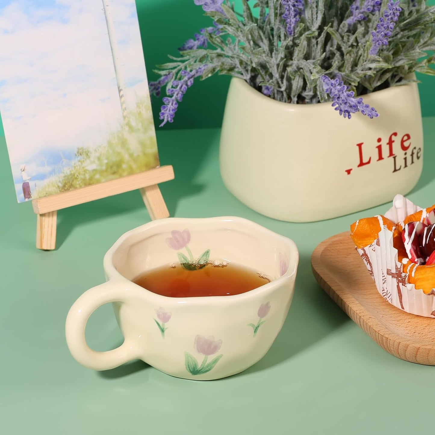 Ceramic Coffee Mug Vintage Flower Mugs 8 oz Cute Floral Coffee Mugs Irregular Latte Art Cup Lead-free Porcelain Cups for Cappuccino, Cocoa (Purple Tulips)