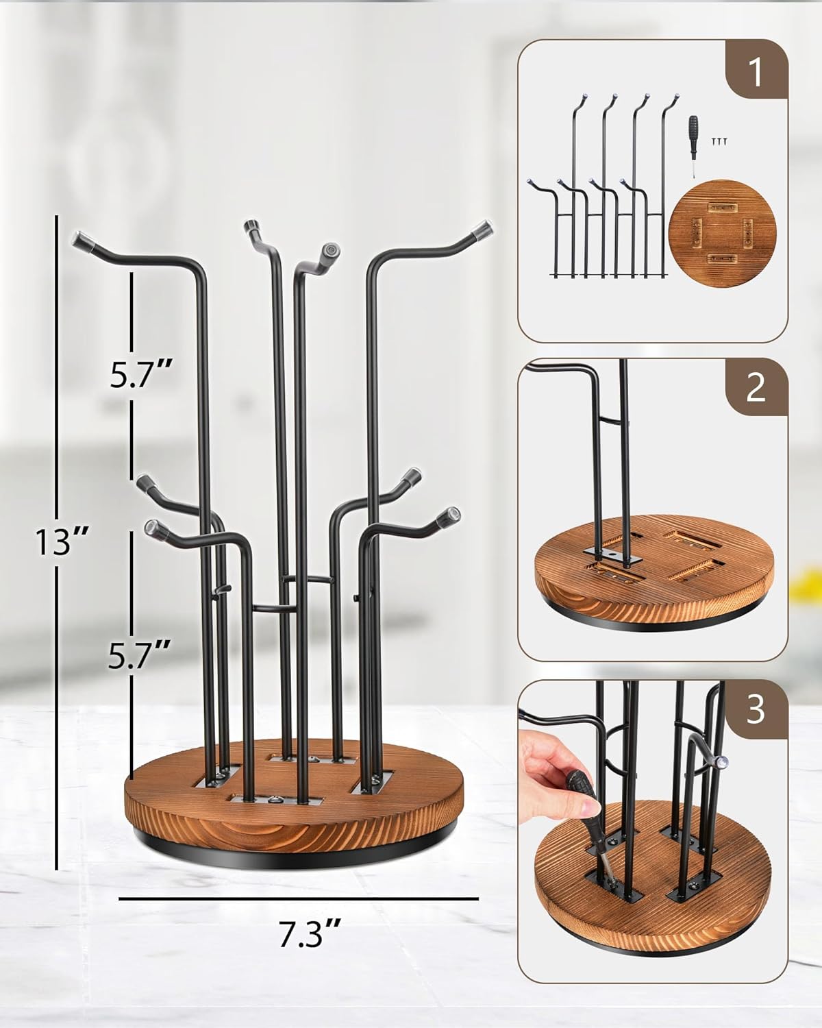 HULISEN 360° Rotating Mug Tree for Large Cups, Counter Coffee Mug Holder with 8 Hooks, Metal Coffee Cup Rack Stand for Countertop with Stable Wooden Base, Kitchen Counter Decor