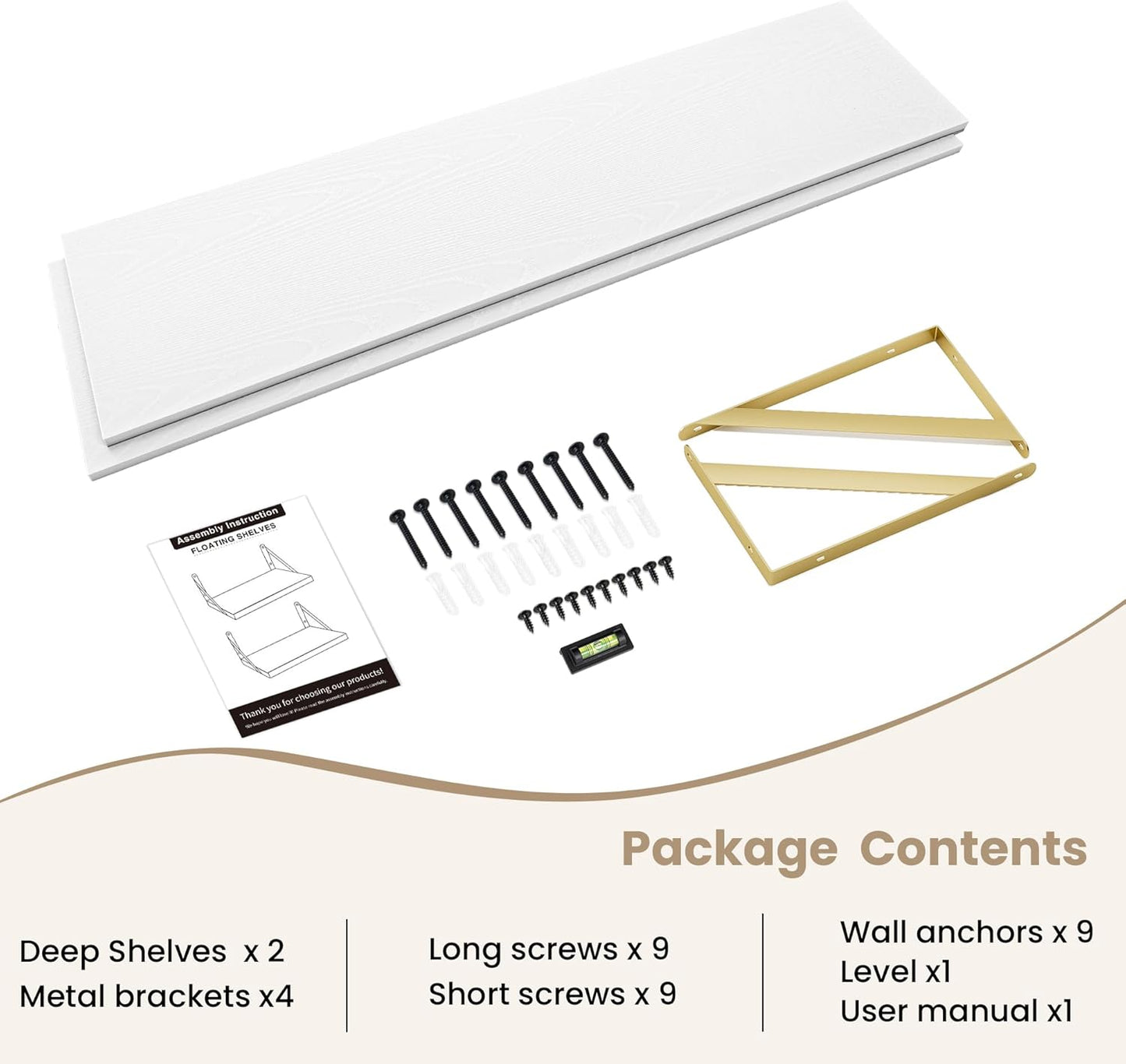 Floating Shelves for Wall, 12 Inch Deep Floating Shelves Set of 2, 55W x 12D Large Wall Shelf with Sturdy Metal Brackets for Living Room, Bathroom, Bedroom and Kitchen, White with Gold Bracket