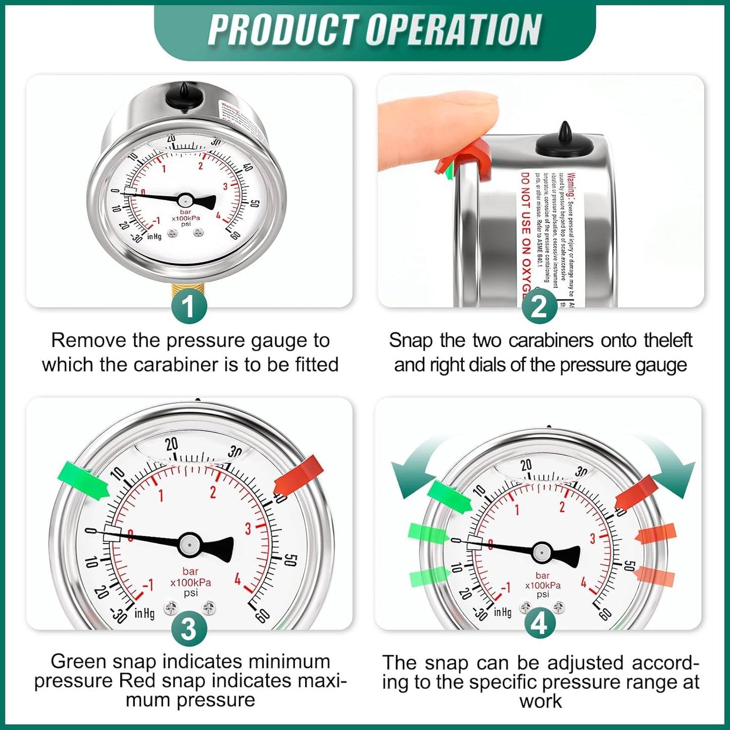 -30inHG-60PSI Stainless Steel Liquid Filled Pressure Gauge, 2.5" Dial Size, 1/8" NPT Lower Mount, for Tube, Water Pump, Gas, Liquid, Pressure Test (with Range Mark Pointer)