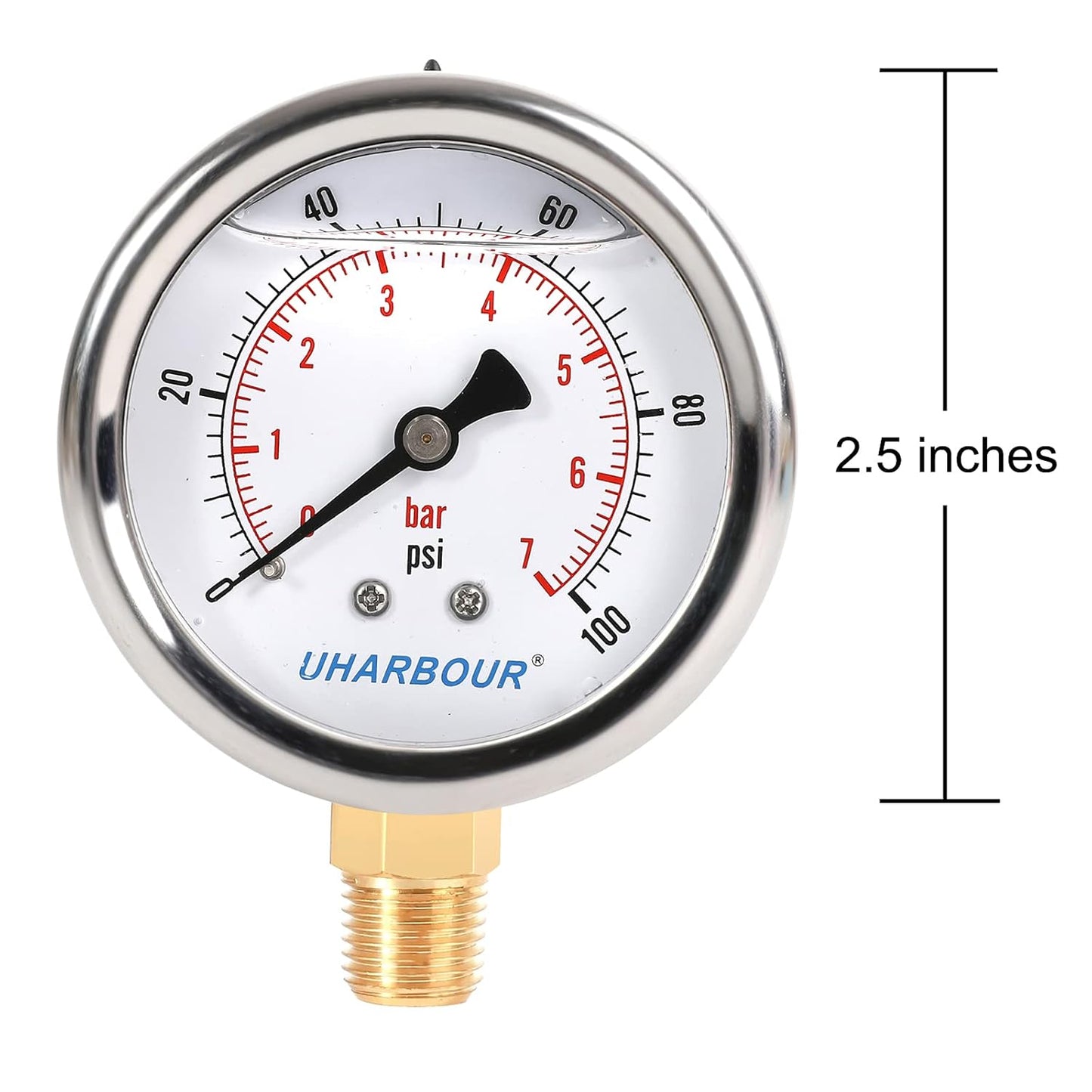 Glycerin Filled Pressure Gauge 100psi/7bar, Stainless Steel case, Brass Inside Construction, 2-1/2" dial, 1/4" NPT Rear Connection.