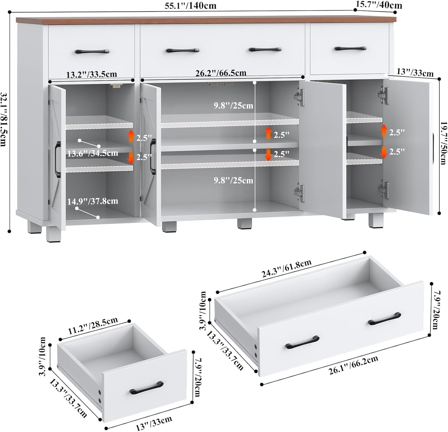 55" Sideboard Buffet Cabinet with Storage, Coffee Bar Cabinet with 3 Drawers and 4 Barn Doors, Long Storage Cabinet Modern Farmhouse, White Wood, for Kitchen, Dining Room, Living Room