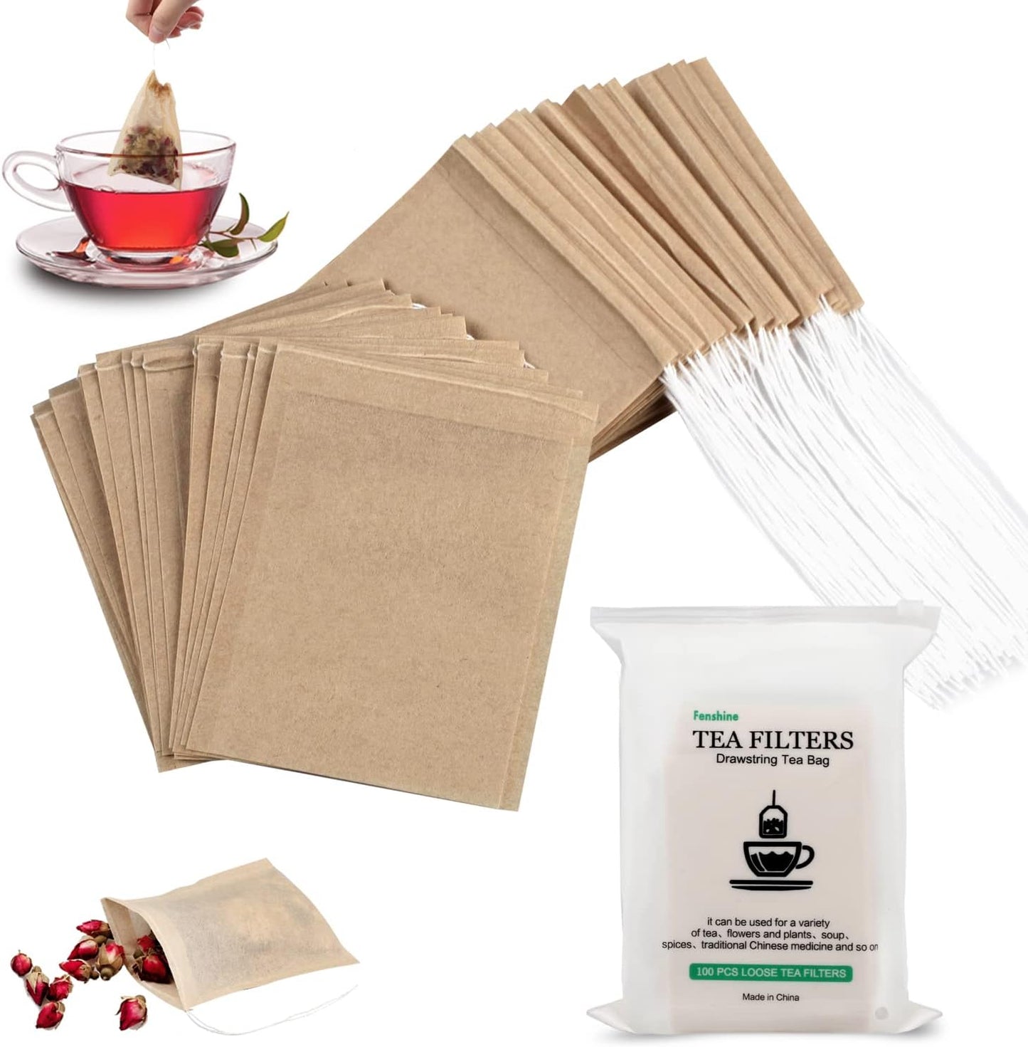 100Pcs Disposable Tea Bags for Loose Leaf Tea, 100% Natural Wood Pulp Paper Material, Empty Unbleached Filter Bags with Drawstring