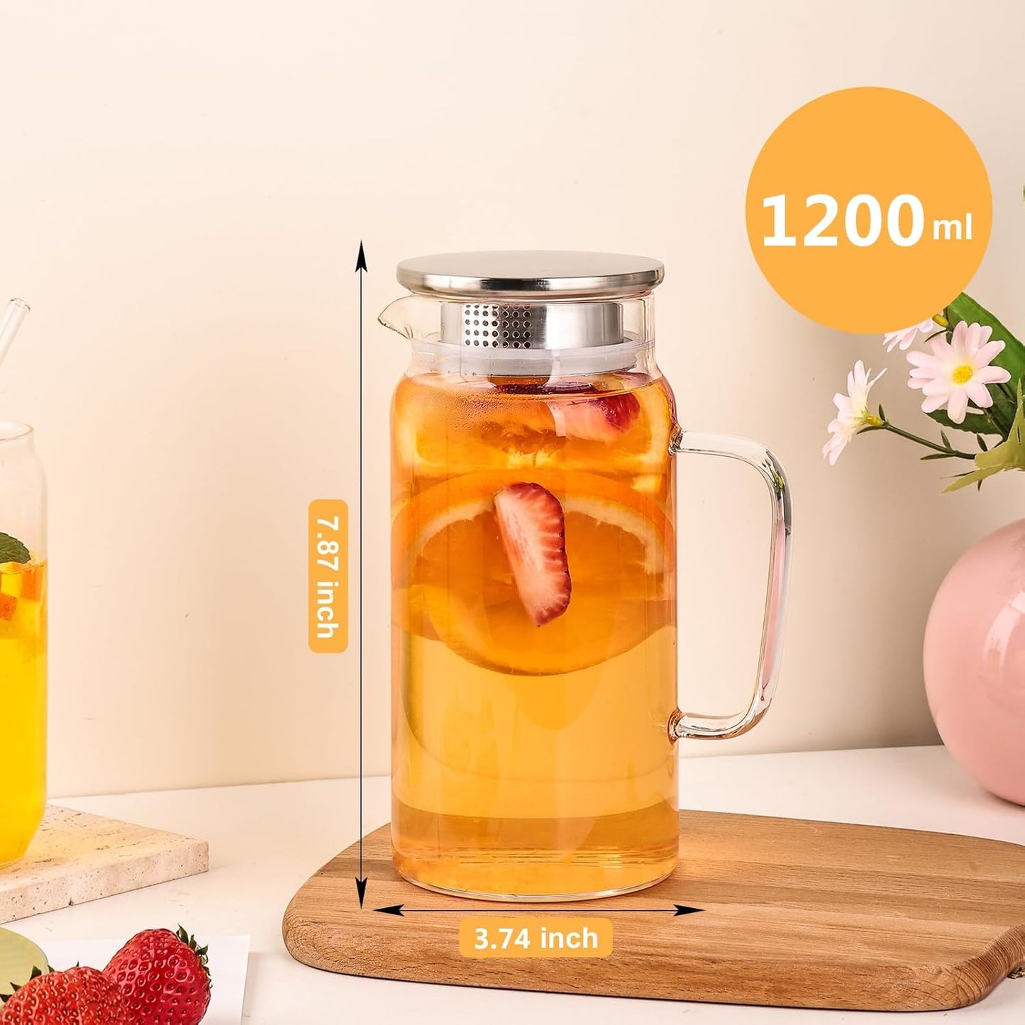 Glass Pitcher with Lid, 1200ml Leak Proof,Glass Water Jugs, BPA-Free,Microwave & Dishwasher Safe Pitcher,Sun & Iced Tea, Sangria,Cold Brew Coffee & More