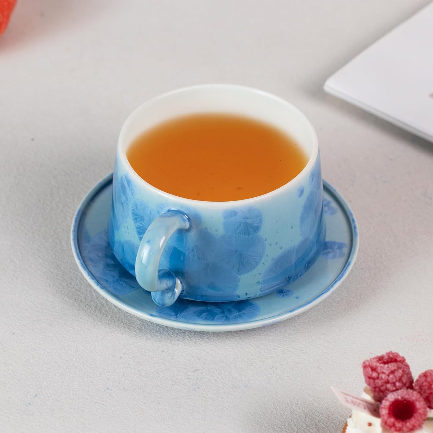 KAMMAK Tea Cups and Saucers set of 2, Porcelain Coffee Cups, 7.5oz Crystalline Glaze Espresso Mugs, Ceramic Demitasse for Coffee, Cappuccino, Latte, Americano, Tea (Dark Blue and White Blue)