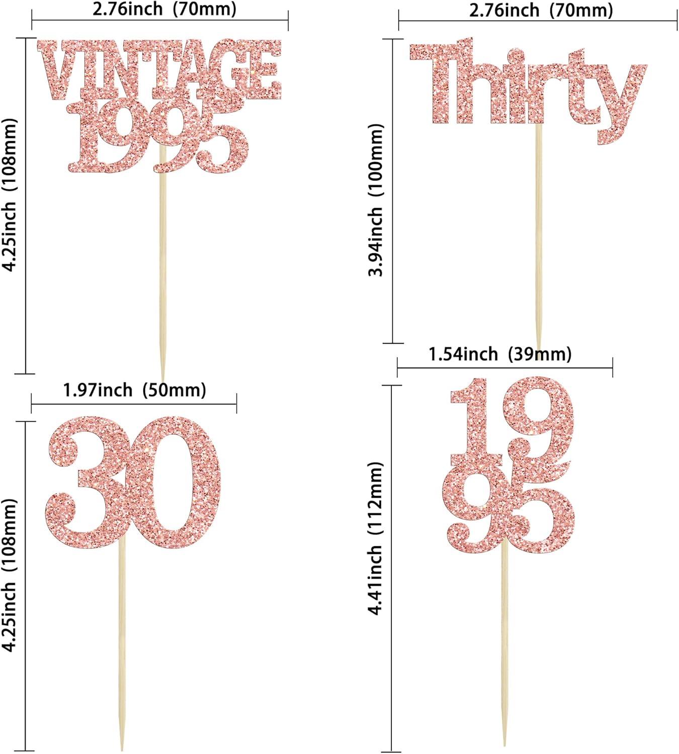 Gyufise 24Pcs Happy 30th Birthday Cupcake Toppers Glitter Thirty 30 Fabulous Vintage 1995 Cupcake Picks for 30th Birthday Wedding Anniversary Party Cake Decorations Supplies Rose Gold