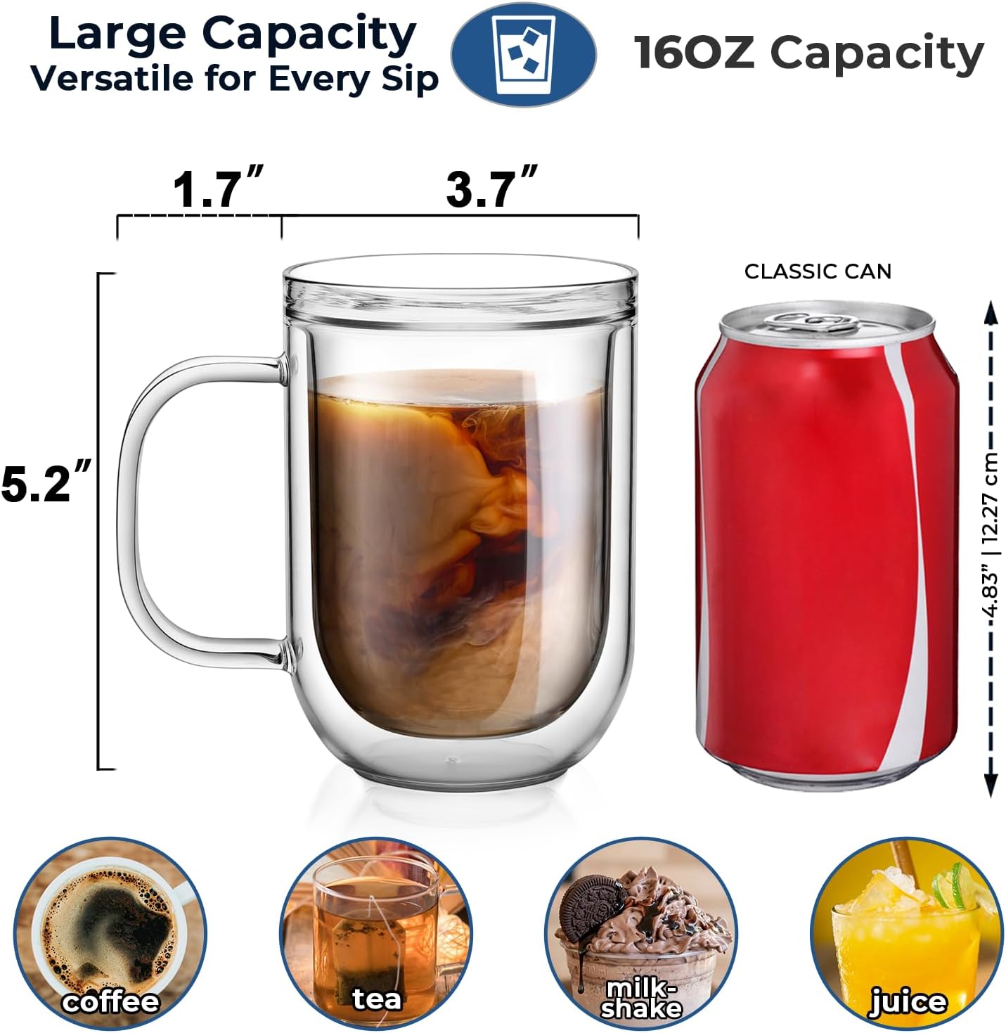 Aquach 16 Oz Double Walled Glass Coffee Mugs, Clear Glass Coffee Tea Cups, Microwave and Dishwasher Safe Home Office Insulated Glass Cups Perfect for Americano Latte Hot&Cold Beverages, 2-Pack