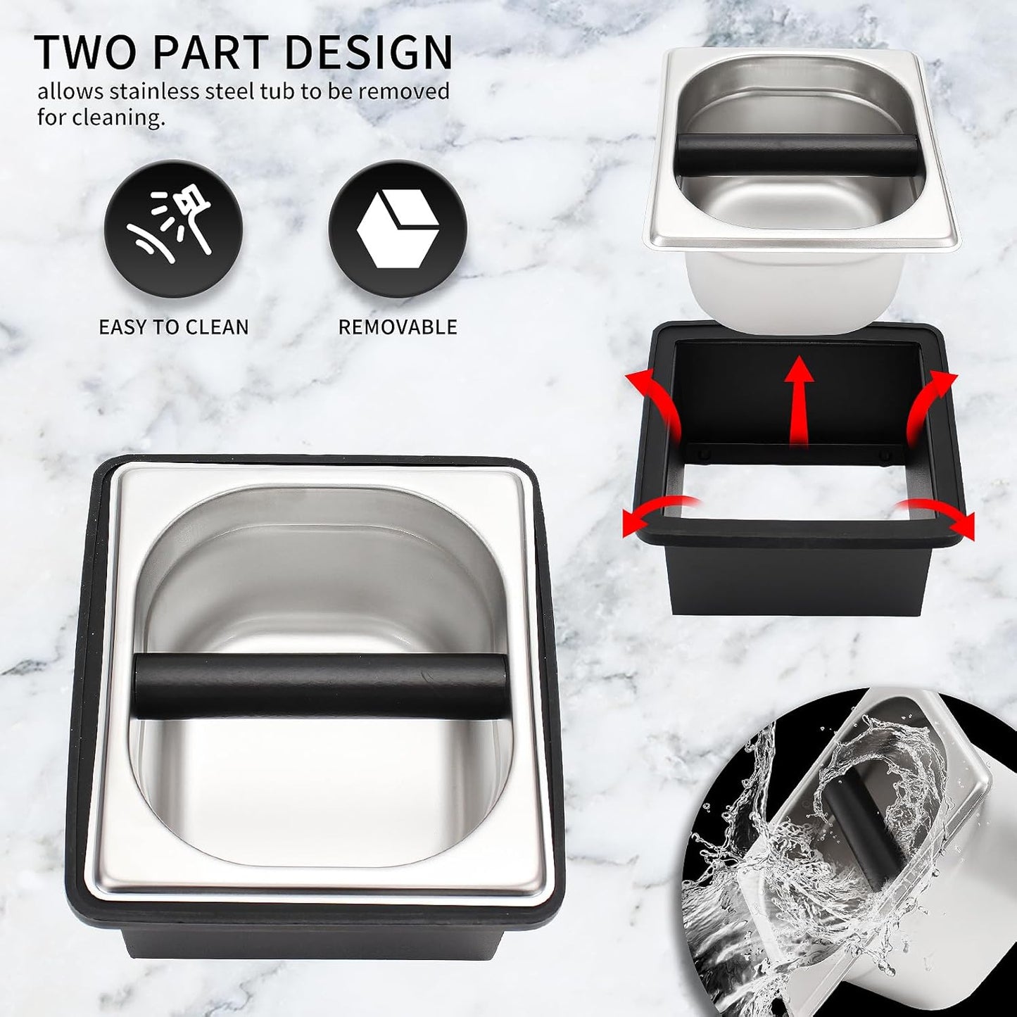 Espresso Knock Box,Stainless Steel Coffee Pucks Container, with Steel Holder and Noise Reduction Rubber Ring (7.28 x 6.8 x 4.25 inch)