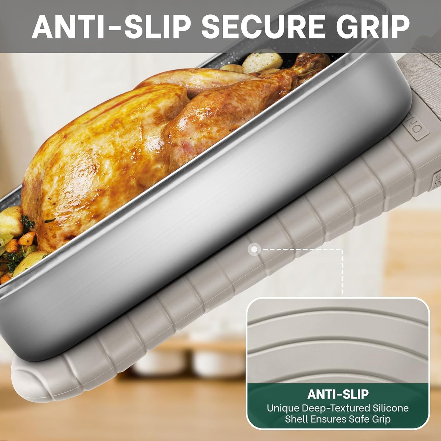 Beneno Oven Mitts, Heat Resistant BPA-Free Soft Silicone Oven Mitts 2-Pack, Waterproof Non-Slip Flexible Oven Gloves with Comfort Cotton Lining, Durable Kitchen Mitt Set for Baking Grill, 7"x13" Beige