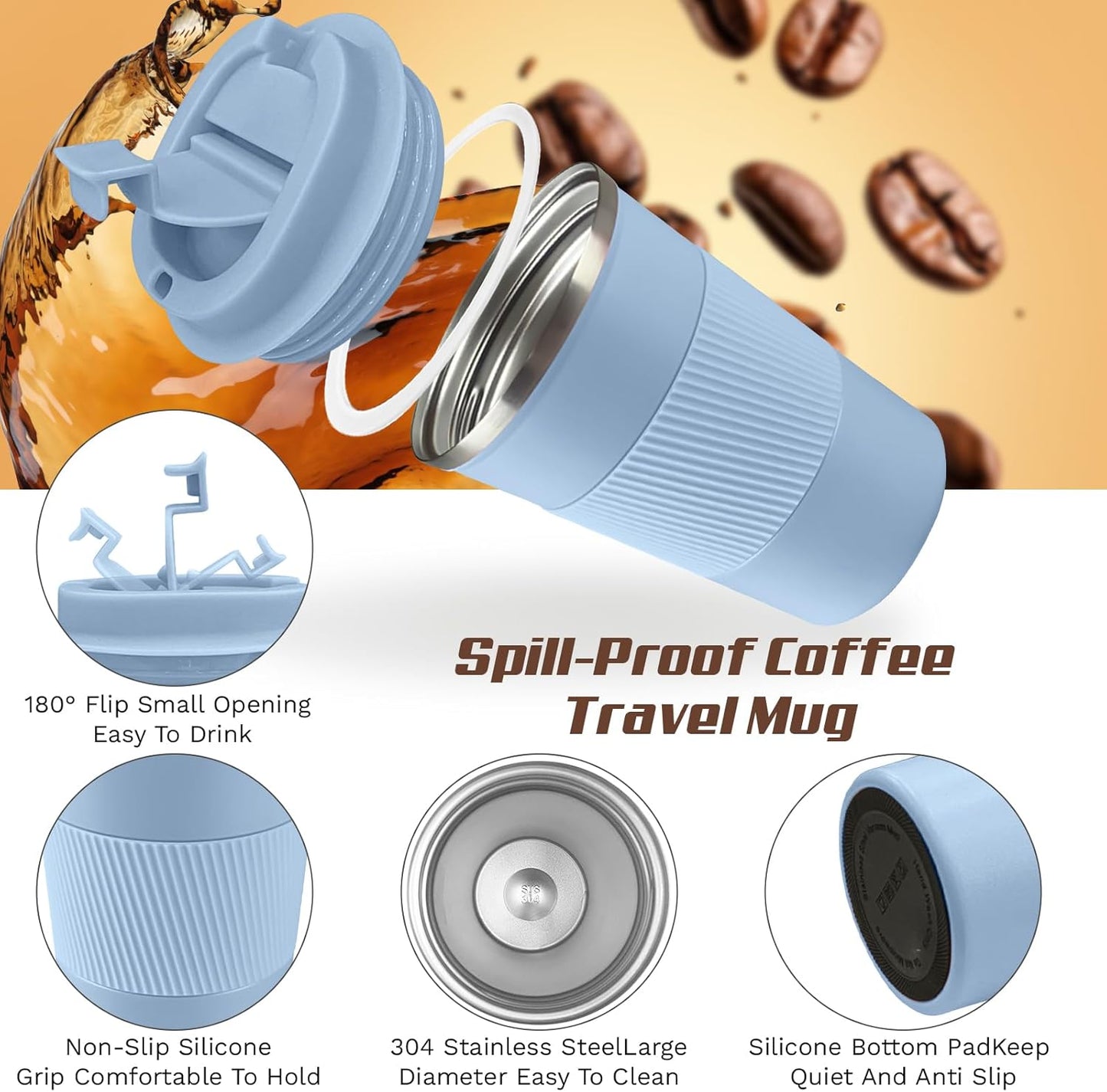 Vacuum-Insulated Stainless Steel Travel Coffee Mug, Leak-Proof Reusable Coffee Cup with Lid - Keep Hot & Cold Drinks for Hours, Durable Thermos Tumbler for Men & Women (3rd-Light Blue, 12OZ)