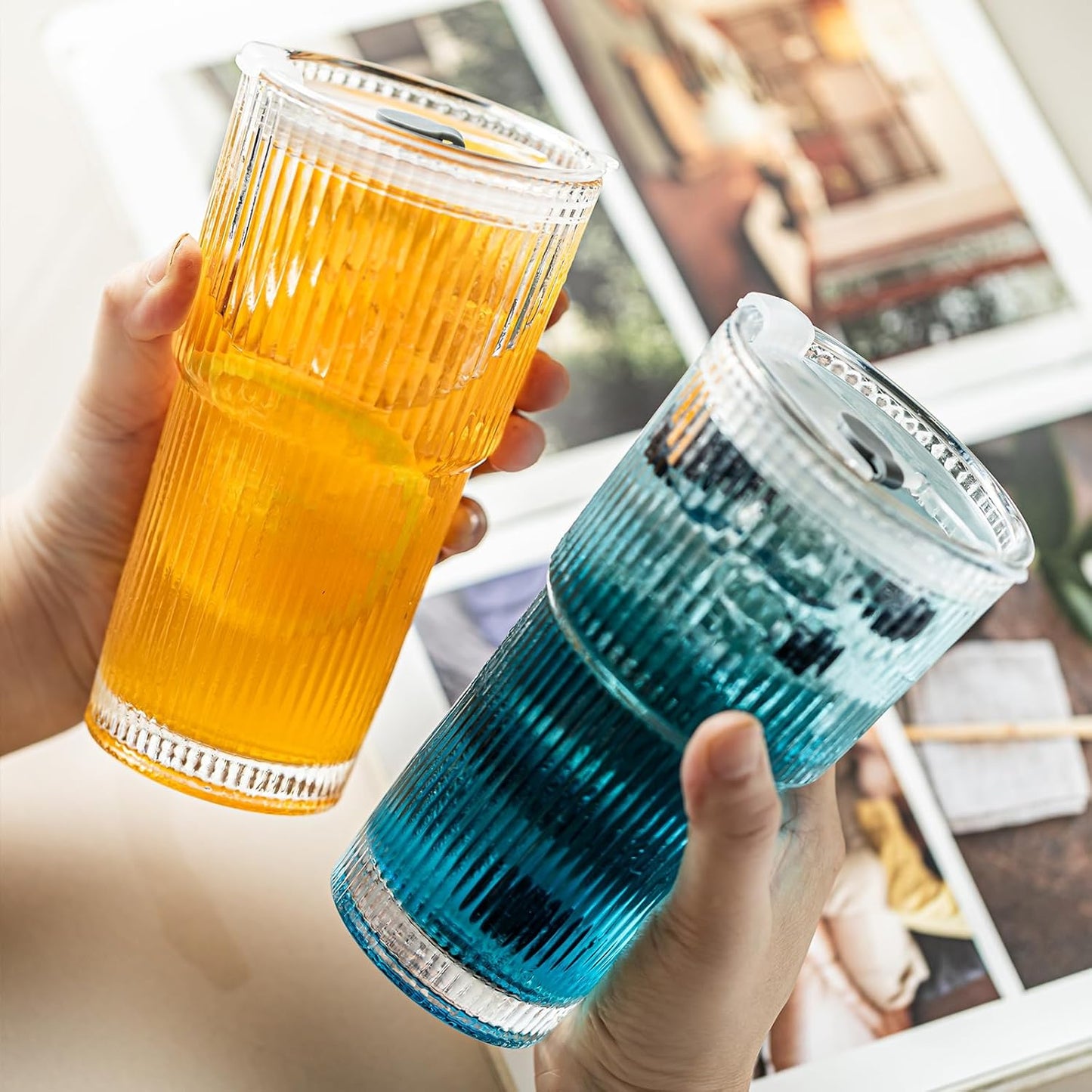 20oz Ribbed Drinking Glasses with Lids and Glass Straws-Thickened Glass cup -Vintage glass straw cups- Ideal for Iced Coffees, Cocktails, Juices, Family Use and Parties (4)