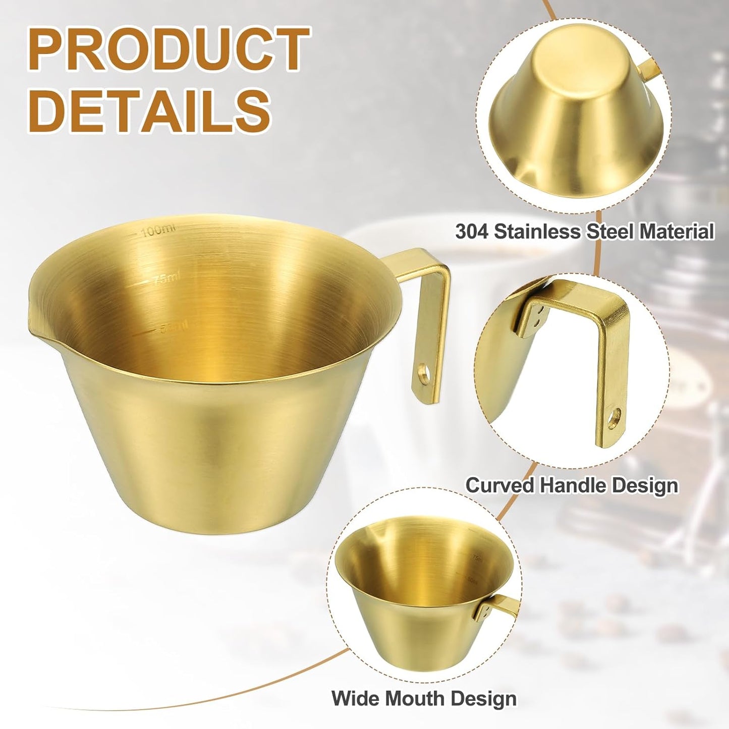 uxcell 1 Pcs Stainless Steel Espresso Cup with Handle, V-Shaped Mouth Espresso Measuring Cup with Scale for Preparing Coffee, Cocktails, 3.4OZ/100ML (Gold)