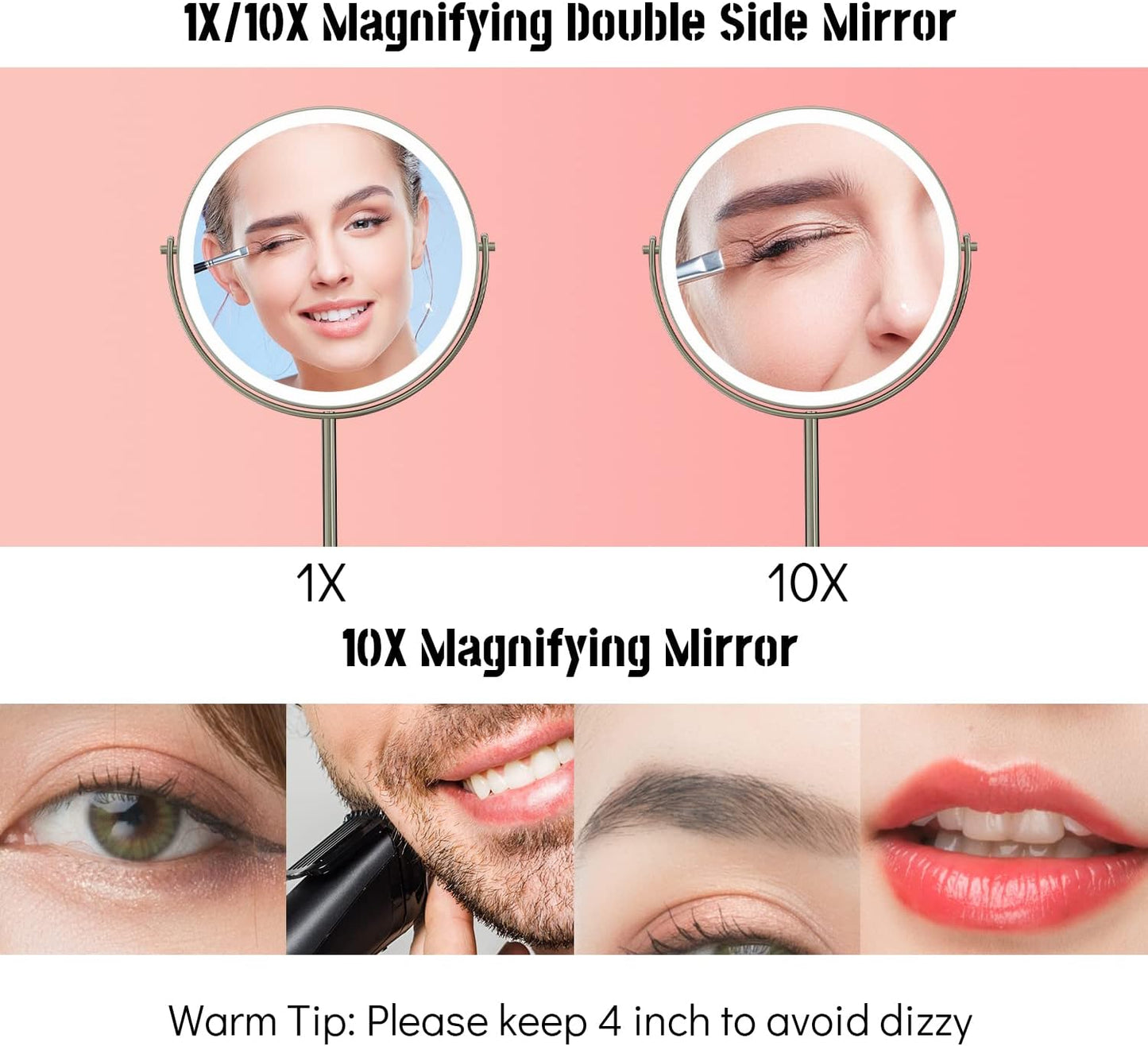 8" Lighted Vanity Mirror with Lights, 1X/10X Magnifying Makeup Mirror, Double Sided 360 Swivel USB Rechargeable, 3 Color Lights, Gifts for Women Mom Teen Girls