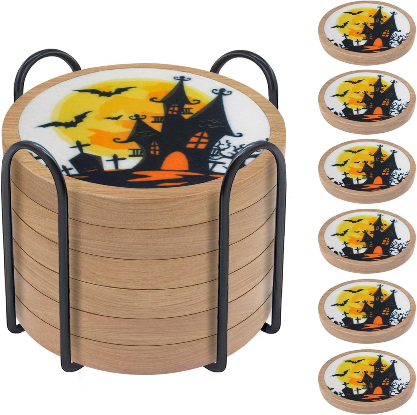 Halloween Coasters Set of 6, Unique Coaster, Minacun Absorbent Coasters with Holder Halloween Thanksgiving Themed Party Decoration 4.3 Inch