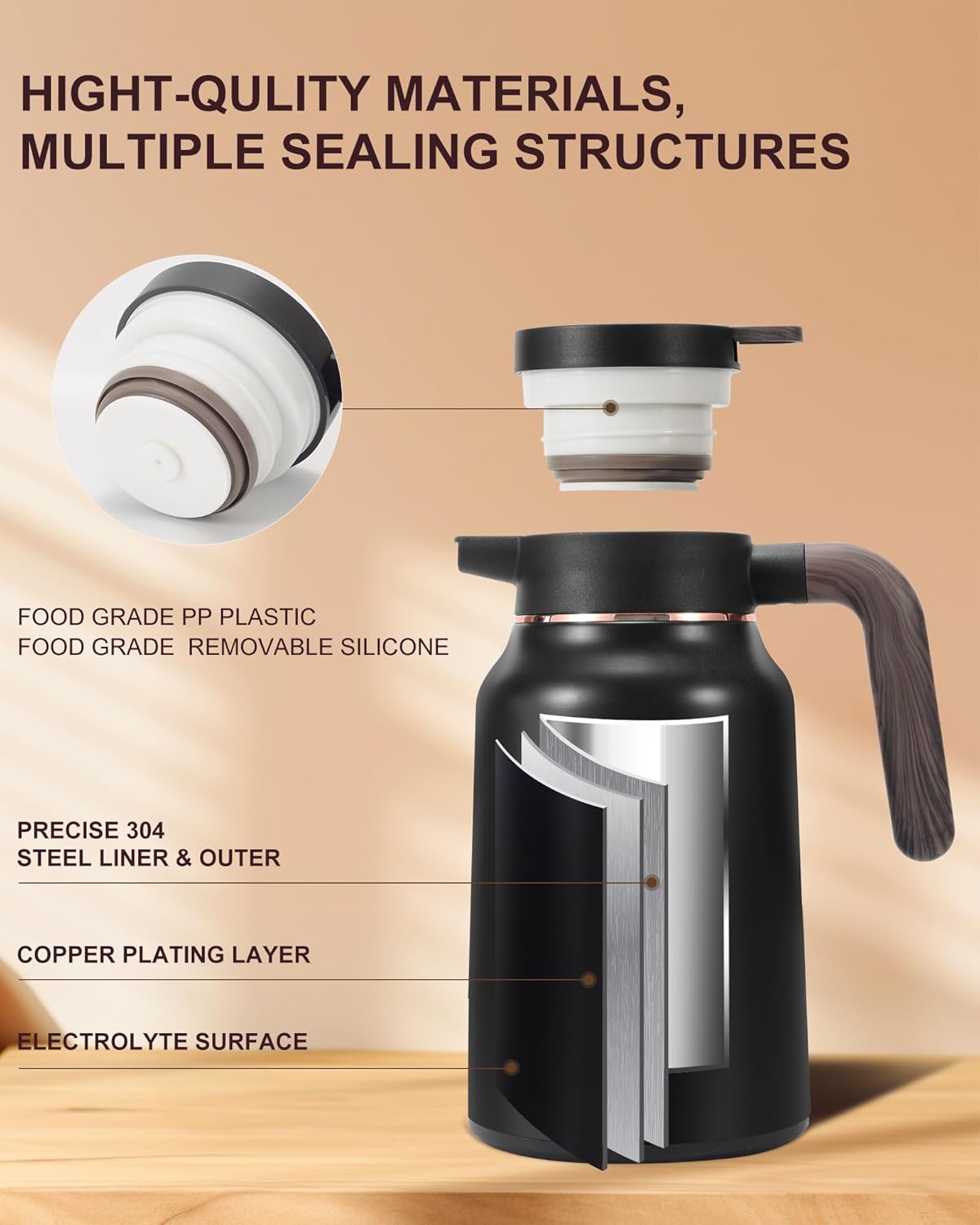 51 Oz Carafes for Hot Liquid, Stainless Steel Insulated Vacuum Thermal Coffee Carafes For Keeping Hot, 1.5 Liter Coffee Dispenser（Black)