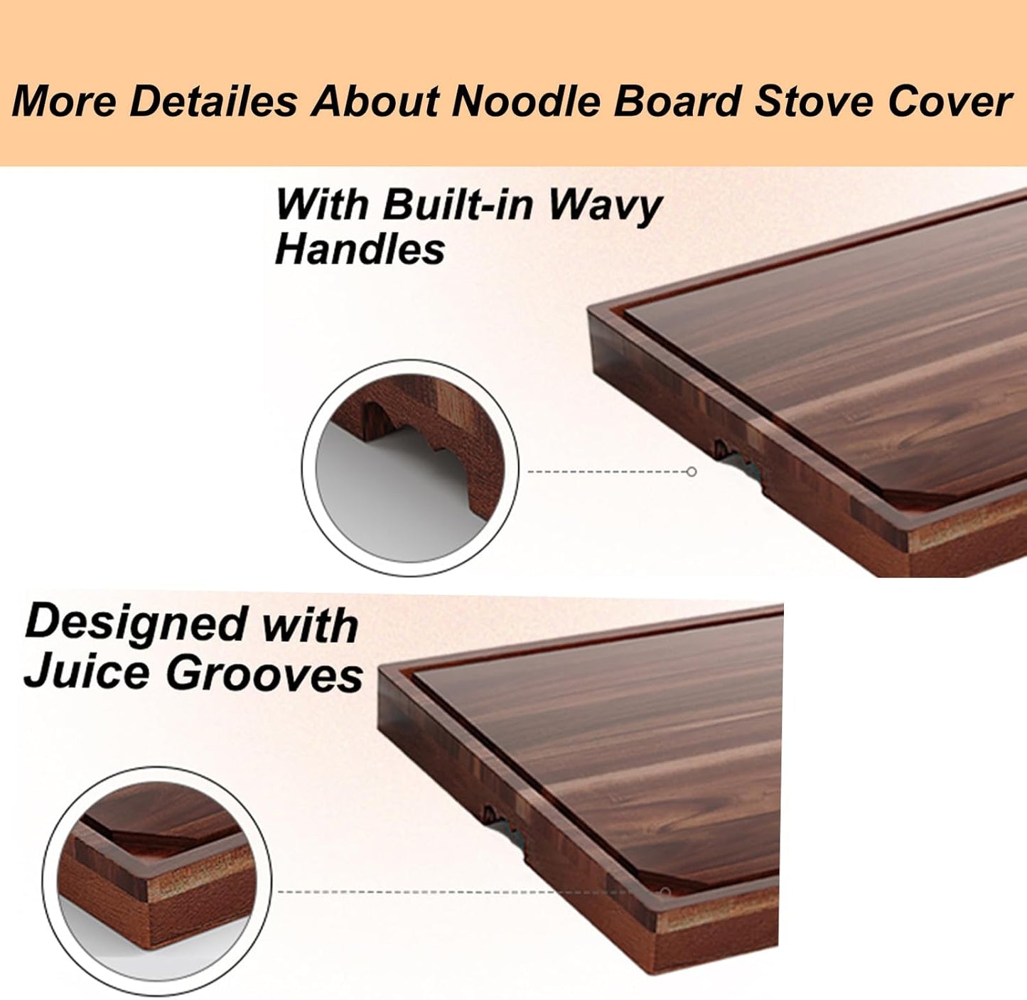 Acacia Noodle Board Stove Cover with Wavy Handles, Wooden Stove Top Cover for Gas Burners & Electric Stove, Stovetop Cutting Board with Juice Grooves, Serving Tray 30"L x 22"W x 2.5"H