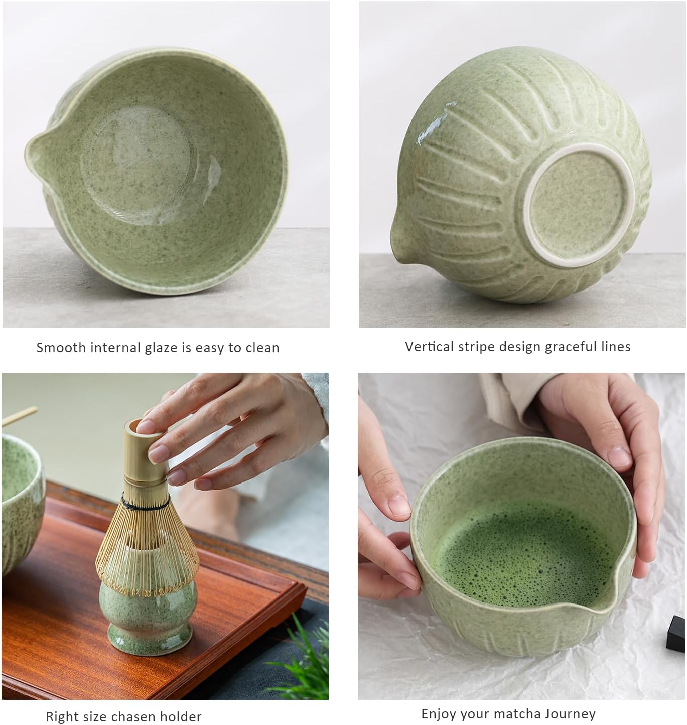 TANG PIN Matcha Set - Match Bowl with Spout and Whisk, 15 OZ, Matcha Scoop | Matcha Whisk Stand (Chasen Holder) - 4pc Perfect Matcha Kit for Matcha Tea Ceremony (Mottled Green)