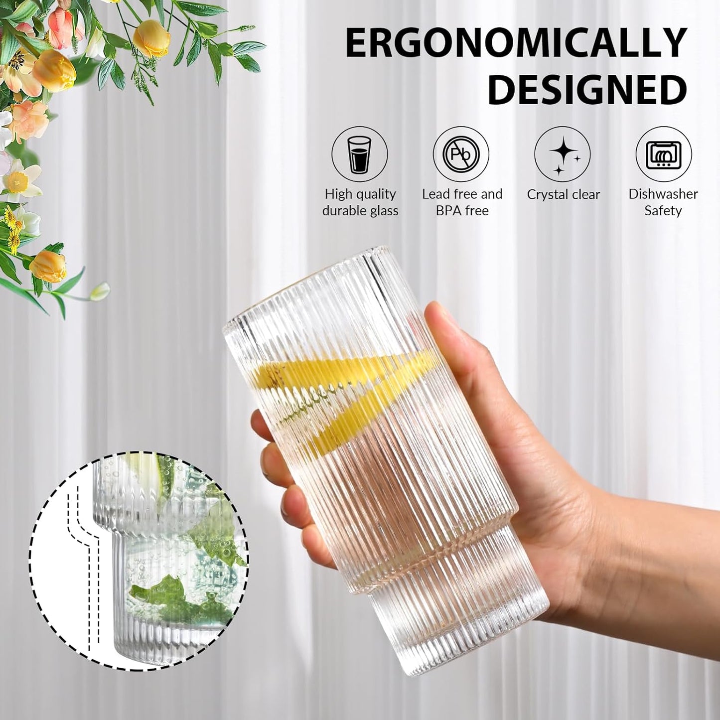 16OZ Ribbed Glass Cups with Lids and Straws,Iced Coffee Cups with Bamboo Lid,Vintage Glassware for Whiskey Cocktail Beer Fruit Juice Glasses Tumbler(6 Pack)