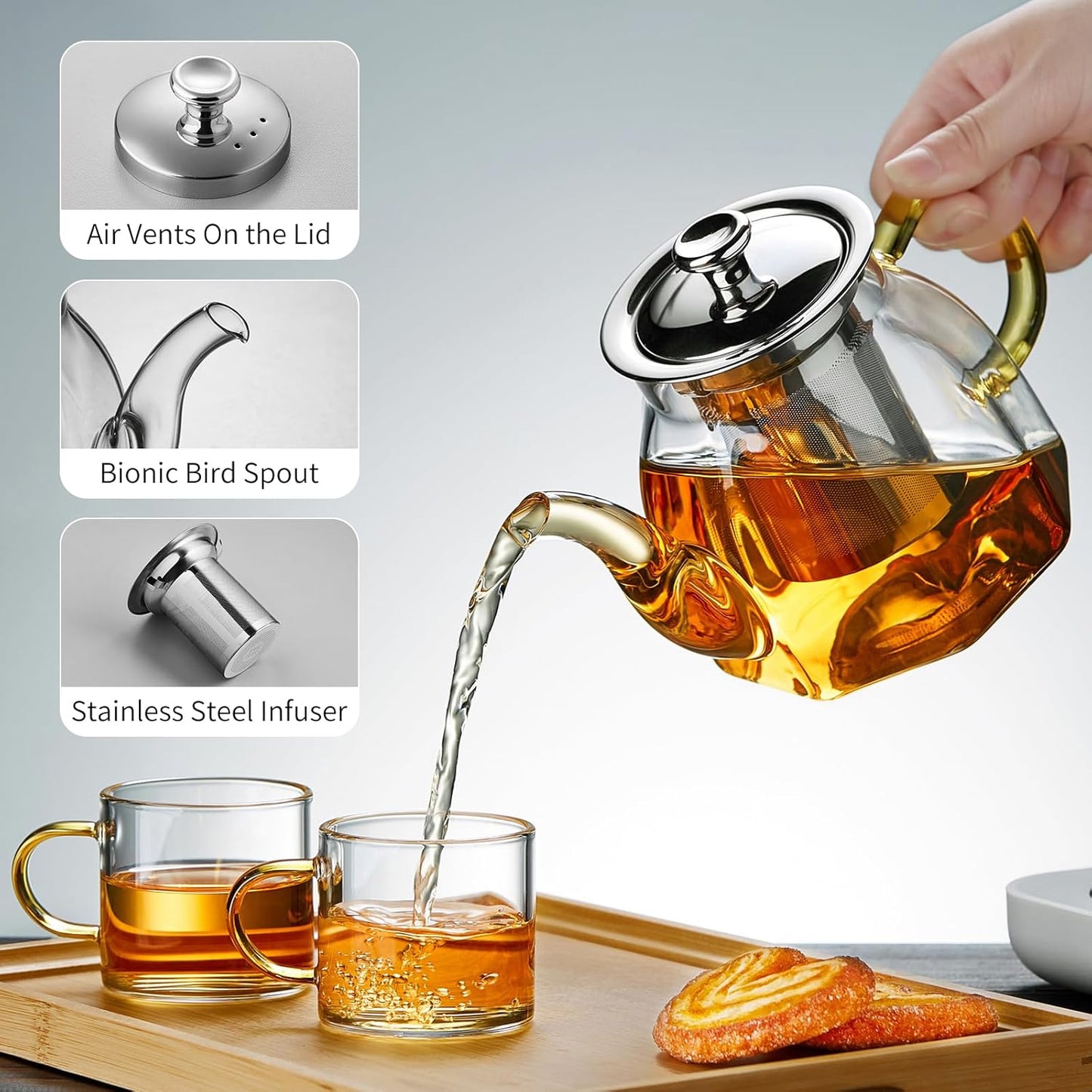 Glass Tea Pot with Stainless Steel Infuser and Lid (Octagonal), Clear Glass Teapot, Borosilicate Hydrochloric Glass Heat Resistant, Fine Glass Filter for Flower Tea, Tea Bags (27 oz / 800 ml)
